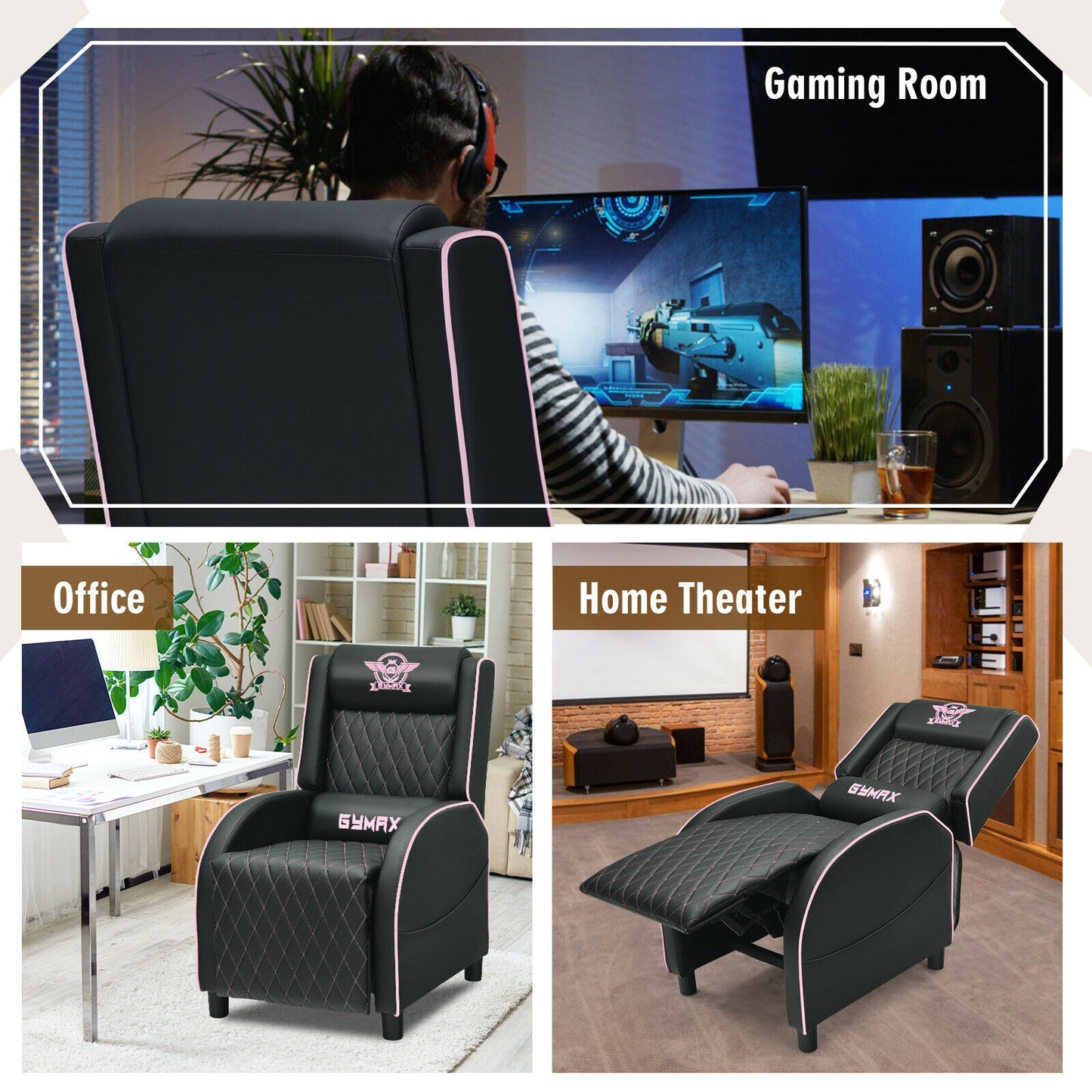 Massage Gaming Recliner Chair with Headrest and Adjustable Backrest for Home Theater-Pink Kids Crystal