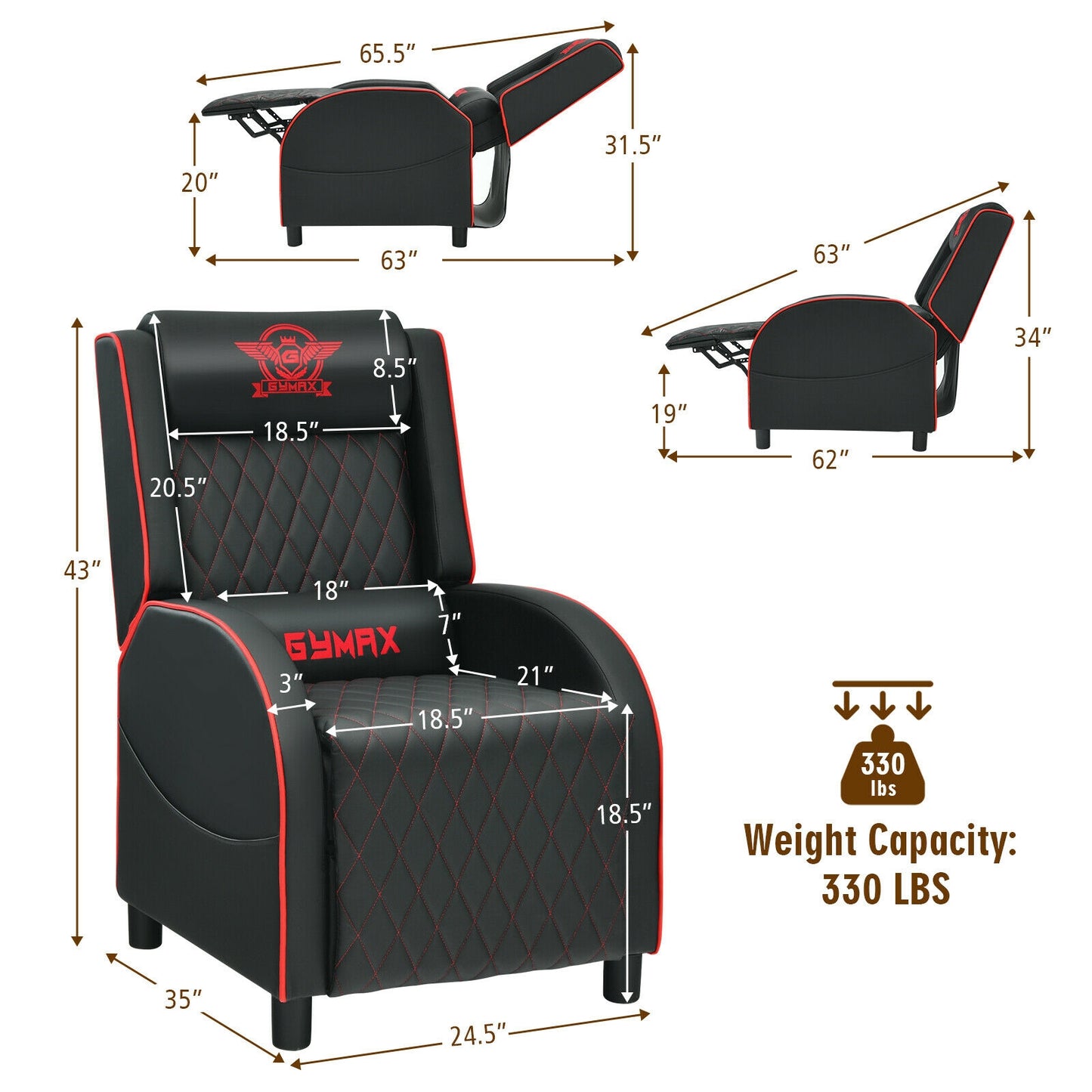 Massage Gaming Recliner Chair with Headrest and Adjustable Backrest for Home Theater-Red Kids Crystal