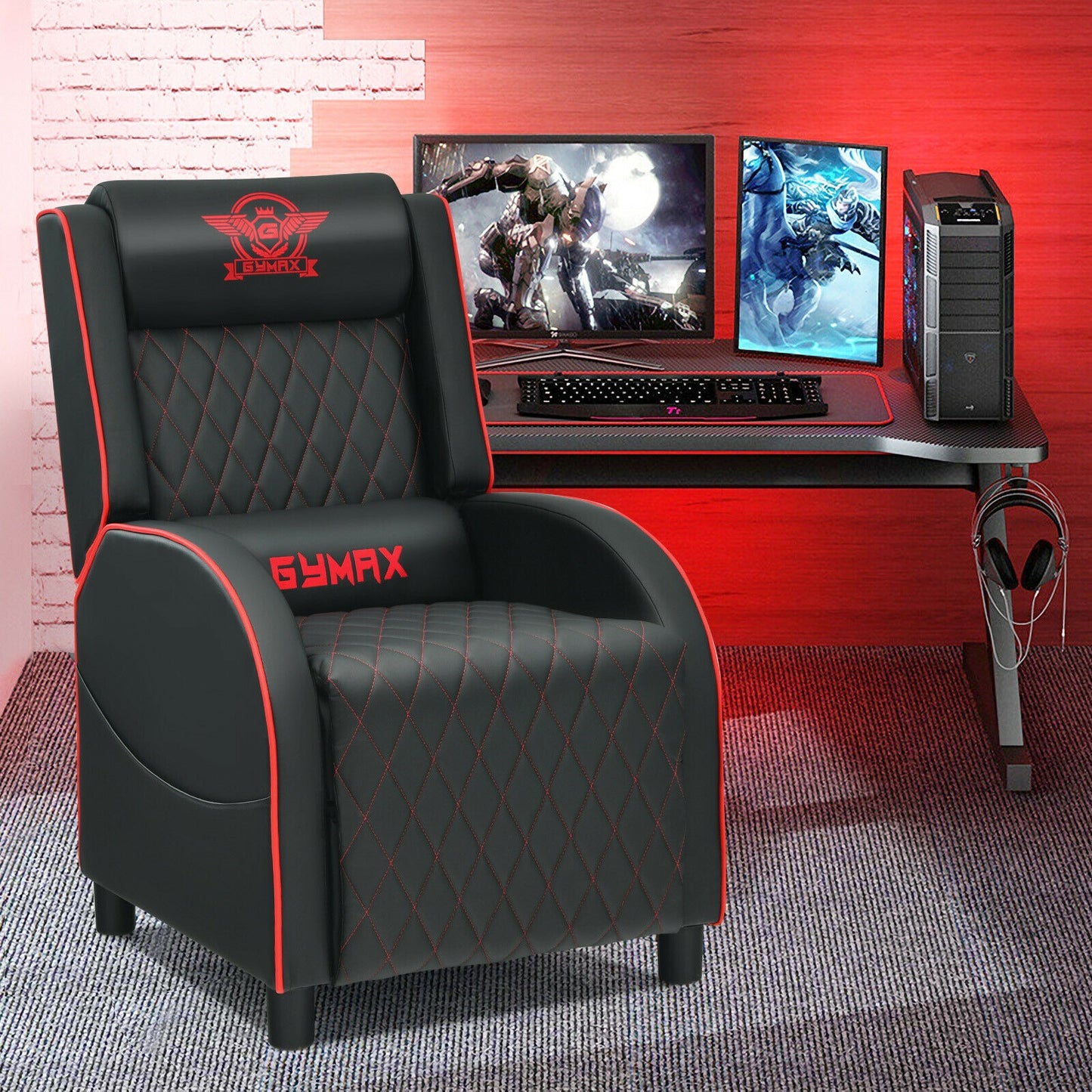 Massage Gaming Recliner Chair with Headrest and Adjustable Backrest for Home Theater-Red Kids Crystal