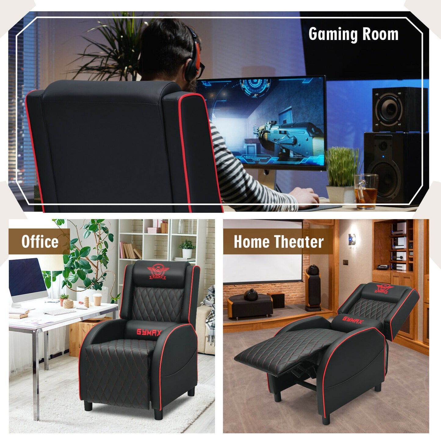 Massage Gaming Recliner Chair with Headrest and Adjustable Backrest for Home Theater-Red Kids Crystal