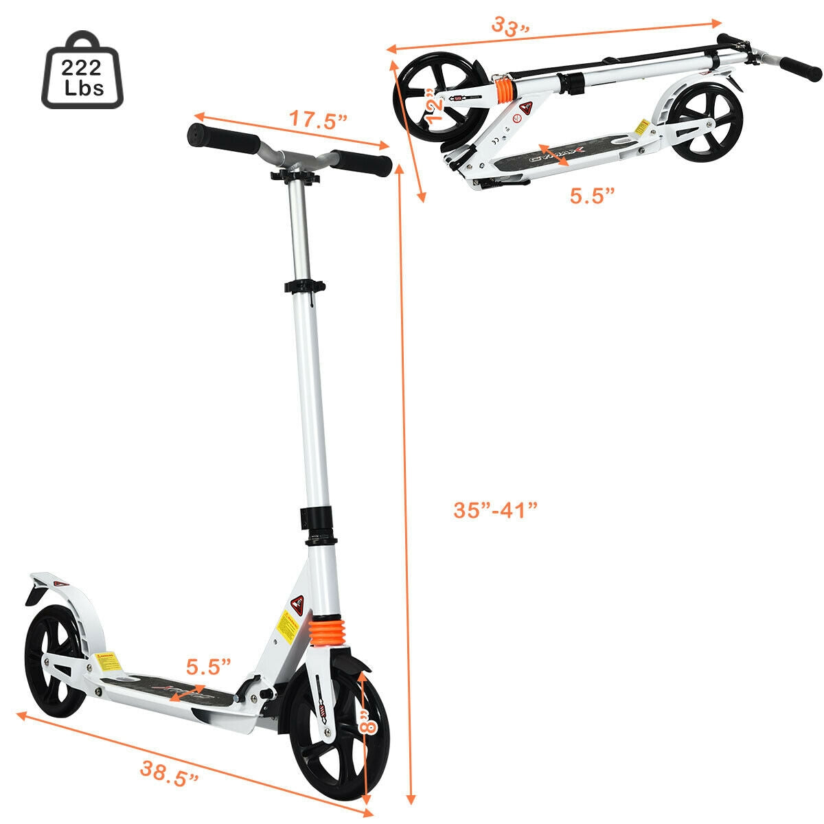 Folding Aluminium Adjustable Kick Scooter with Shoulder Strap-White Kids Crystal