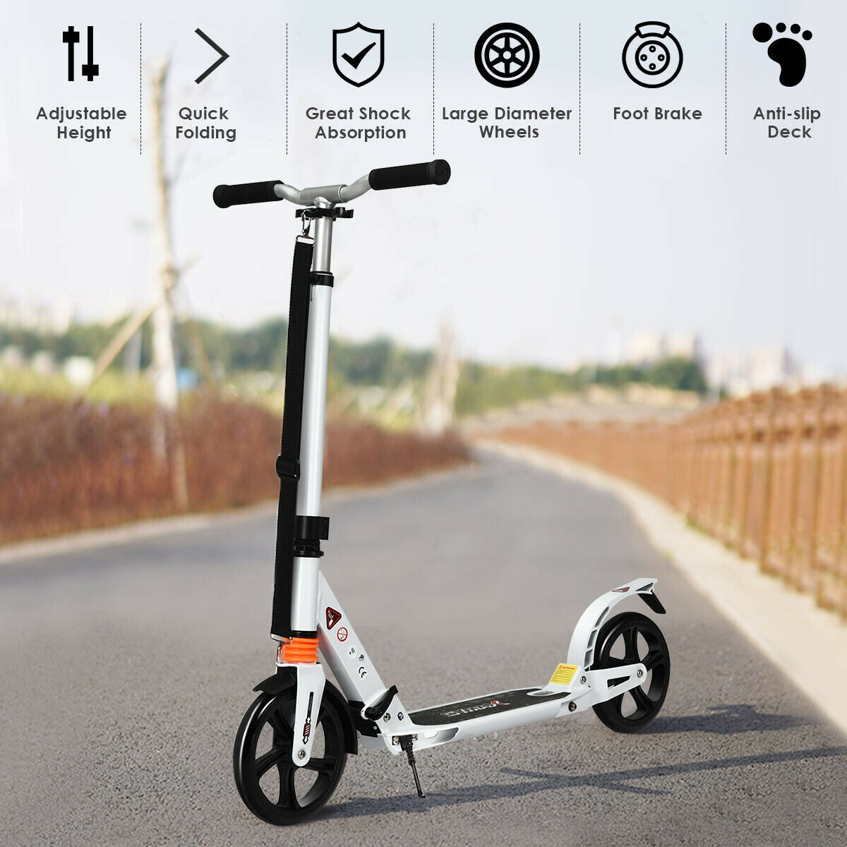 Folding Aluminium Adjustable Kick Scooter with Shoulder Strap-White Kids Crystal