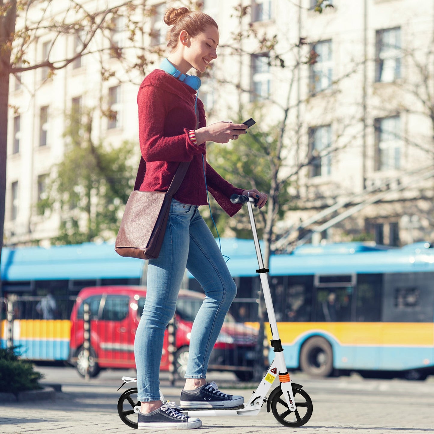 Folding Aluminium Adjustable Kick Scooter with Shoulder Strap-White Kids Crystal