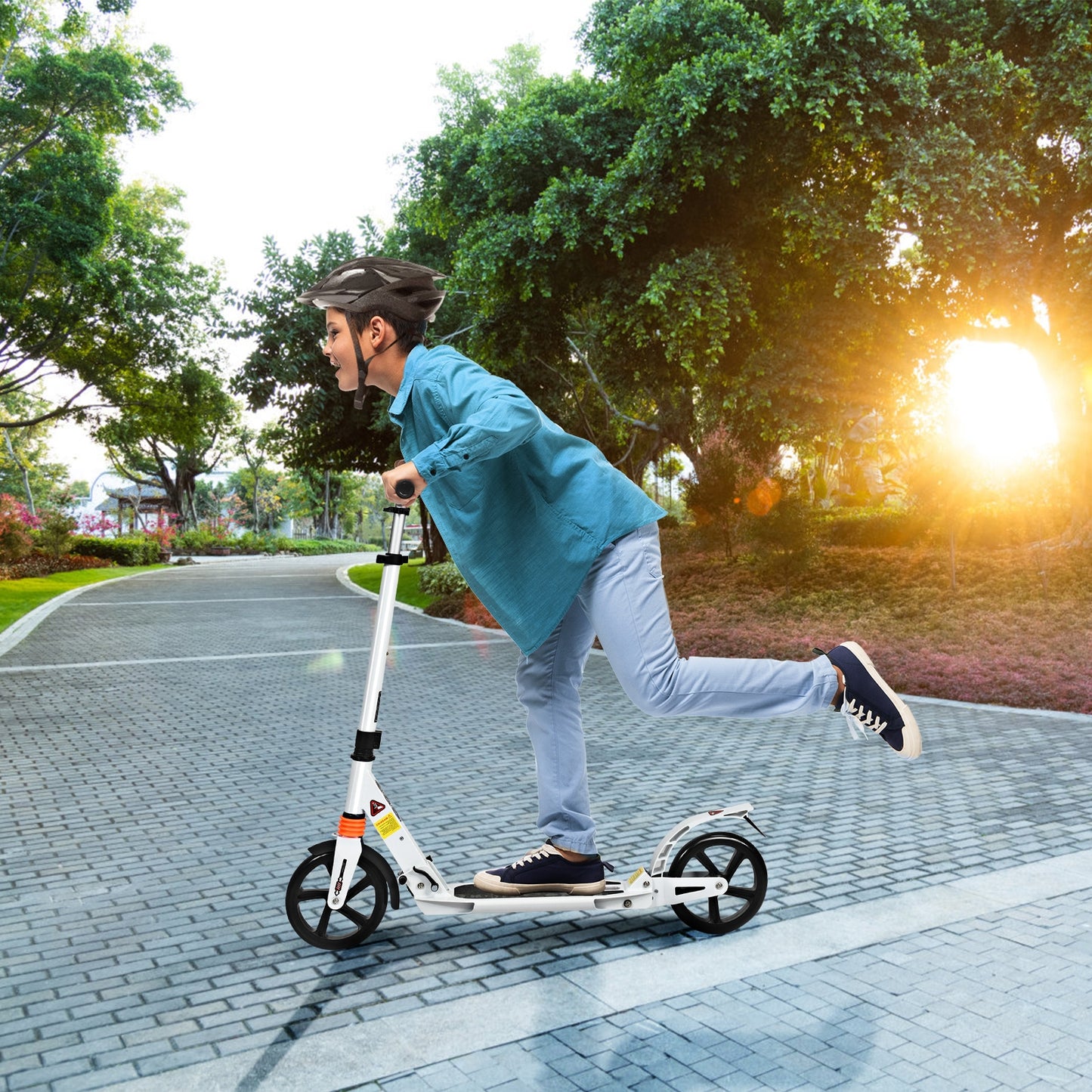 Folding Aluminium Adjustable Kick Scooter with Shoulder Strap-White Kids Crystal