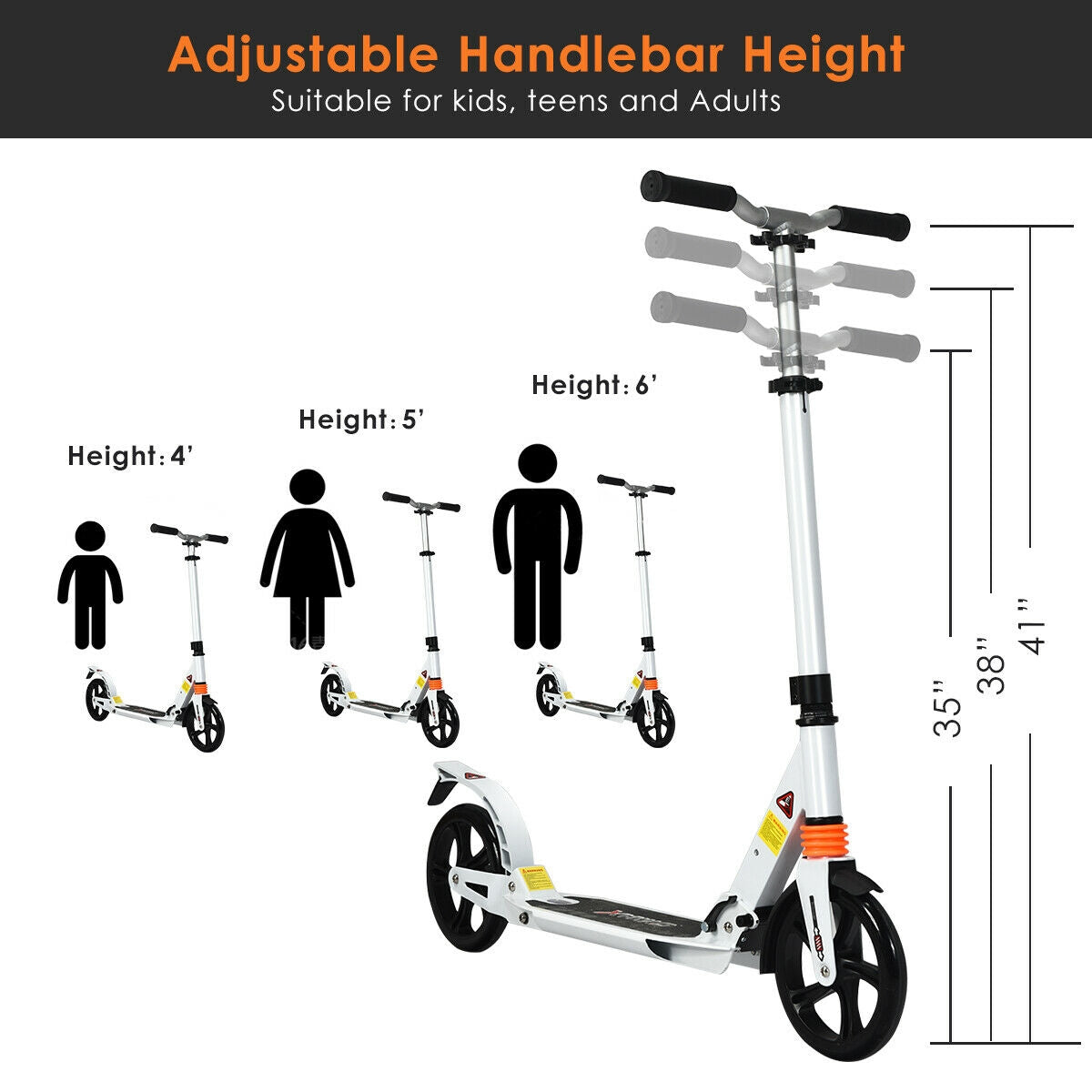 Folding Aluminium Adjustable Kick Scooter with Shoulder Strap-White Kids Crystal