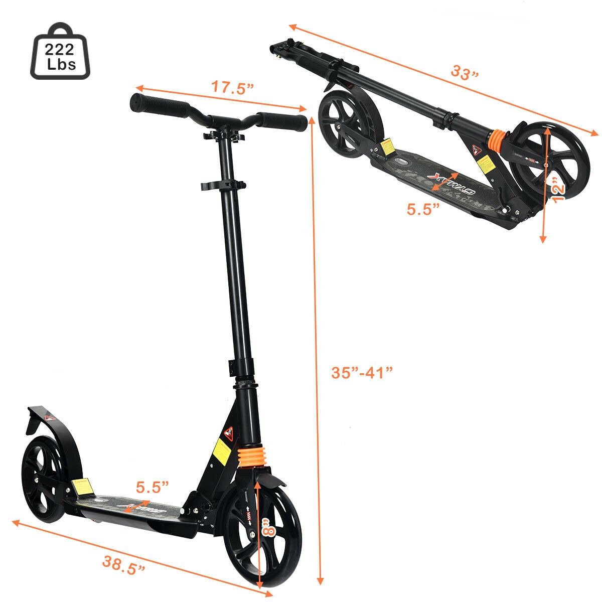Folding Aluminium Adjustable Kick Scooter with Shoulder Strap-Black Kids Crystal