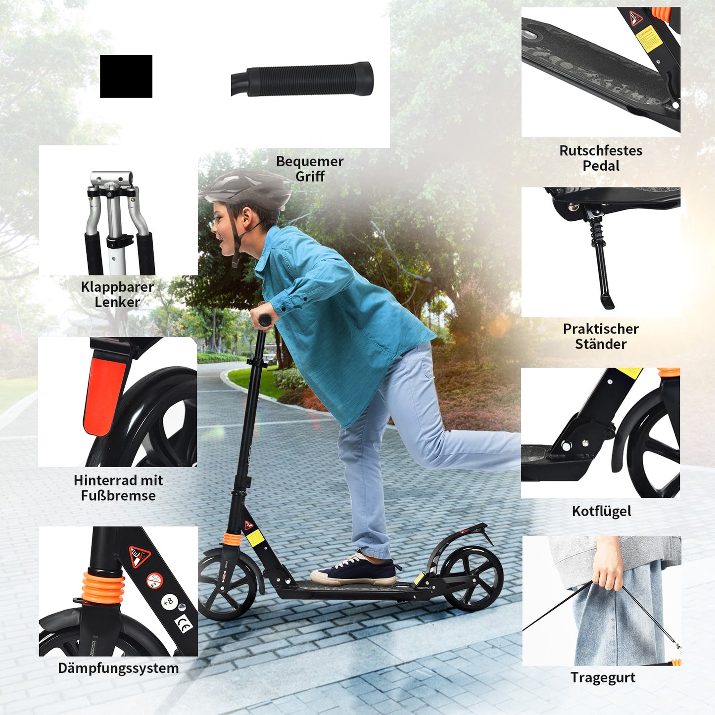 Folding Aluminium Adjustable Kick Scooter with Shoulder Strap-Black Kids Crystal