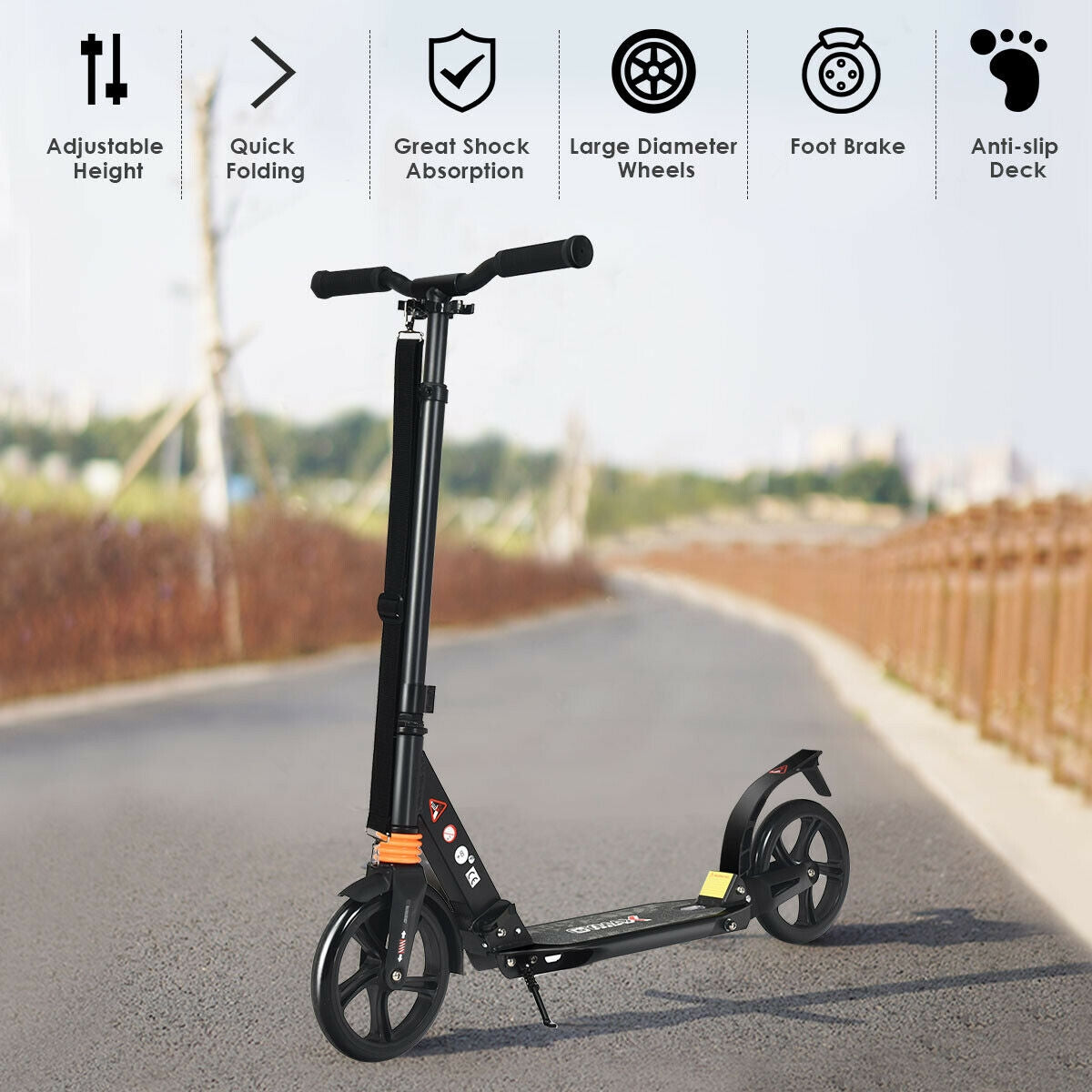 Folding Aluminium Adjustable Kick Scooter with Shoulder Strap-Black Kids Crystal
