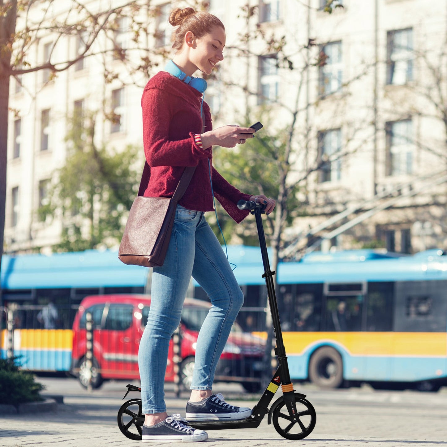 Folding Aluminium Adjustable Kick Scooter with Shoulder Strap-Black Kids Crystal