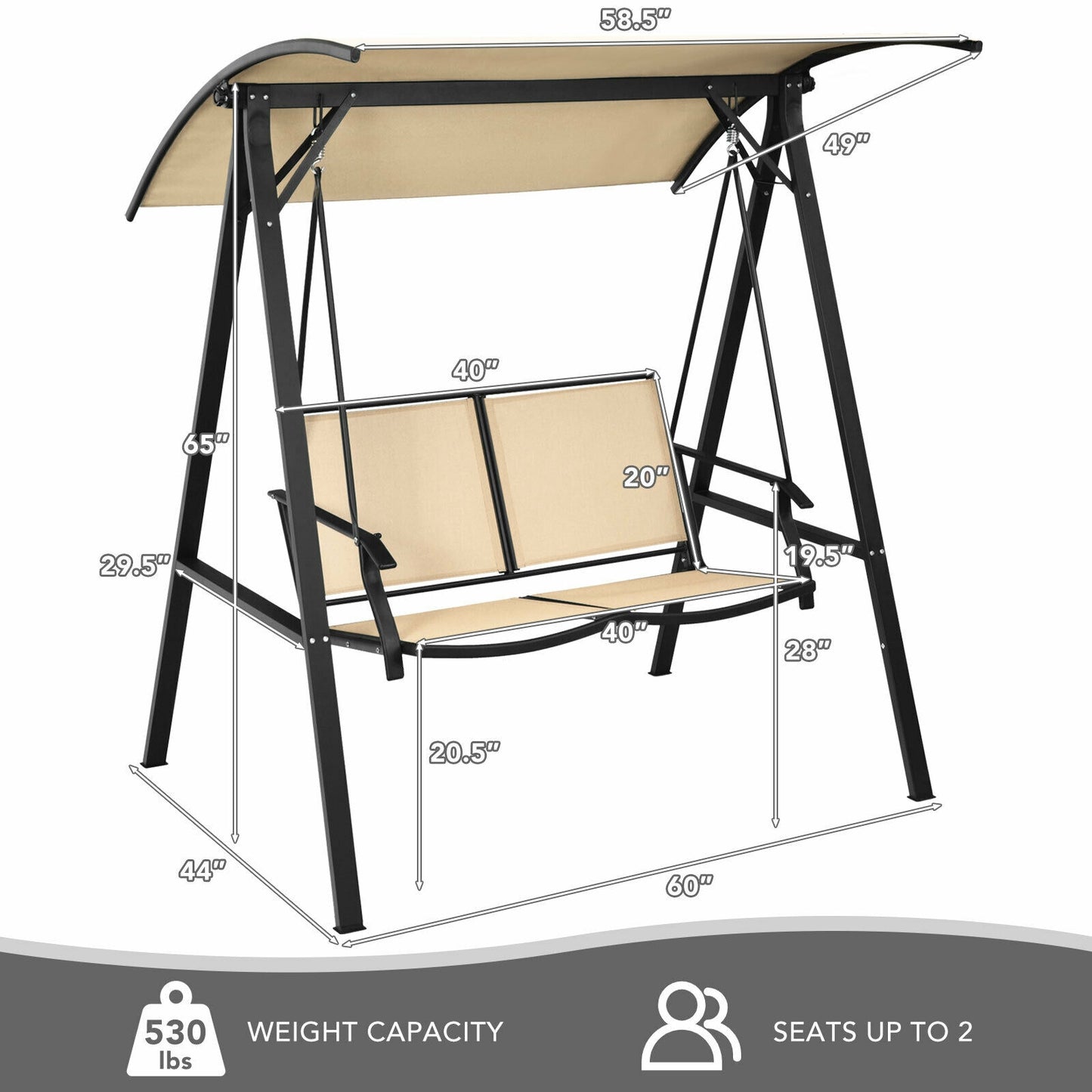 2 Person Patio Swing with Weather Resistant Glider and Adjustable Canopy-Beige Kids Crystal