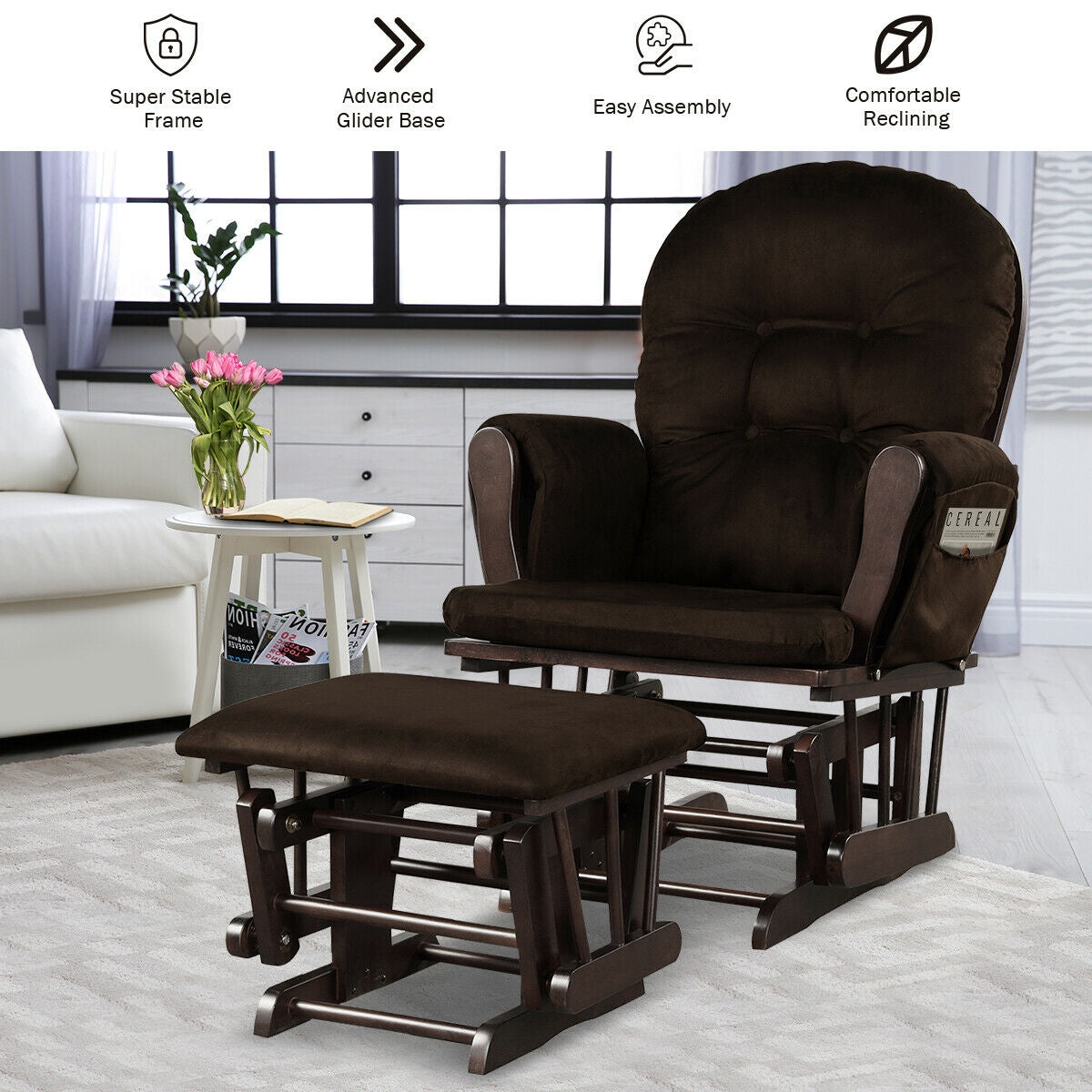 Wood Glider and Ottoman Set with Padded Armrests and Detachable Cushion-Brown Kids Crystal