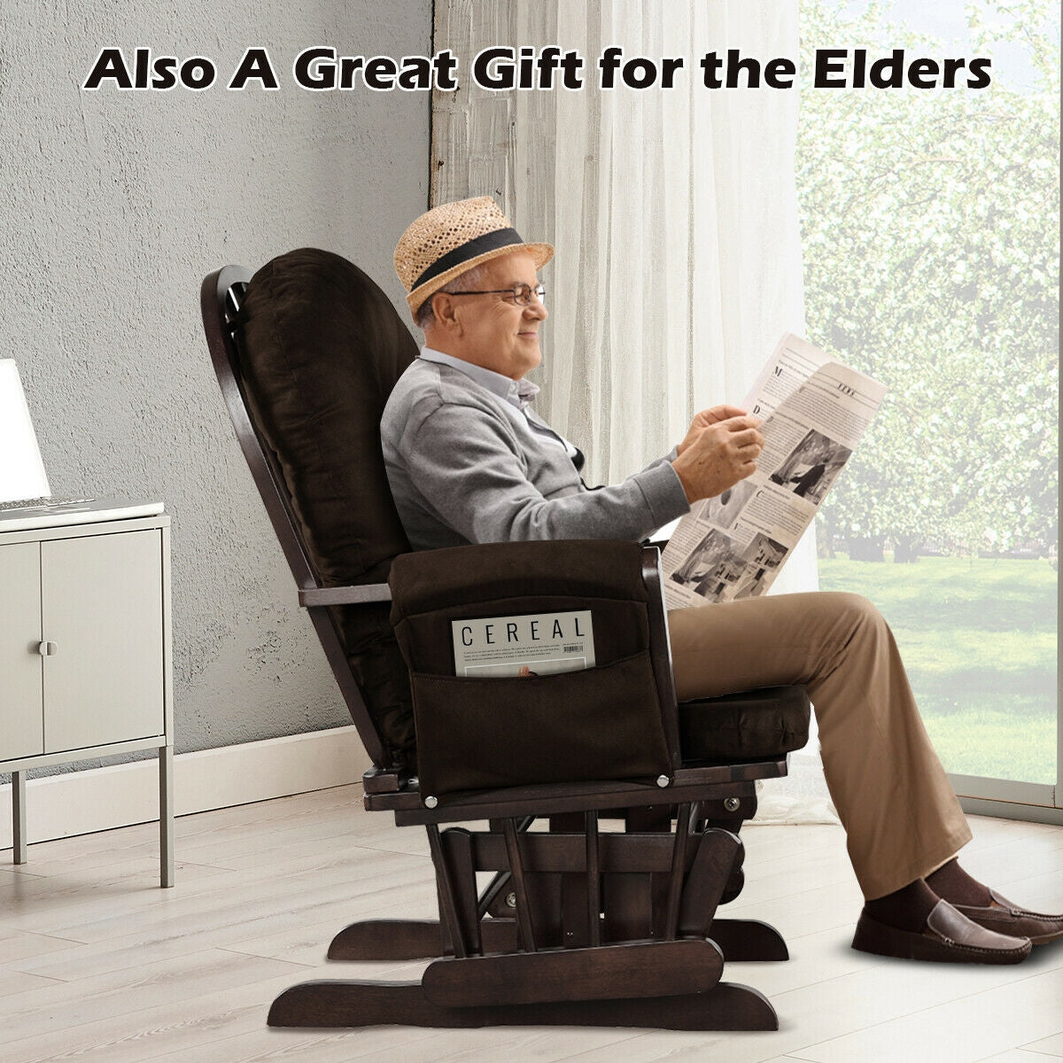 Wood Glider and Ottoman Set with Padded Armrests and Detachable Cushion-Brown Kids Crystal