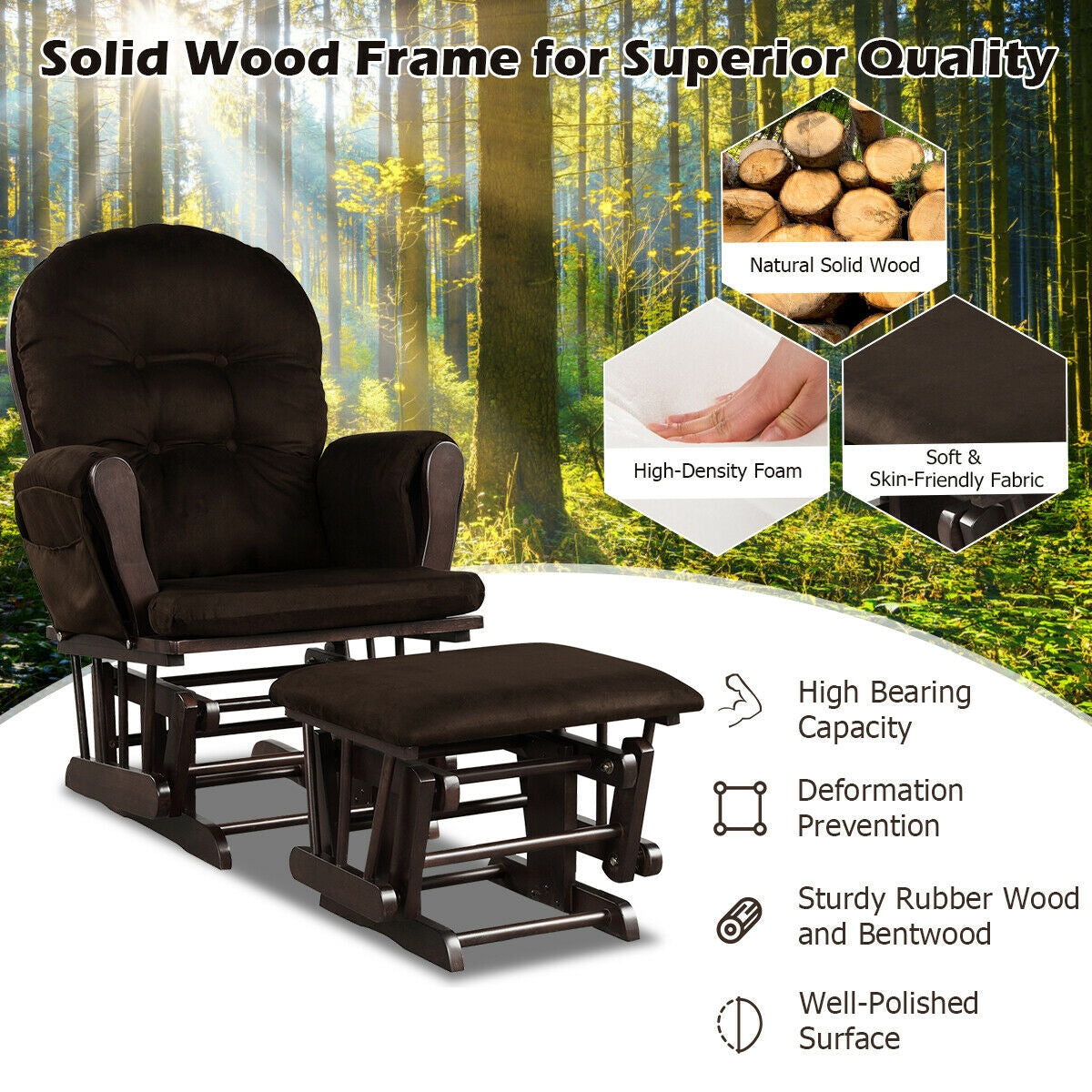 Wood Glider and Ottoman Set with Padded Armrests and Detachable Cushion-Brown Kids Crystal
