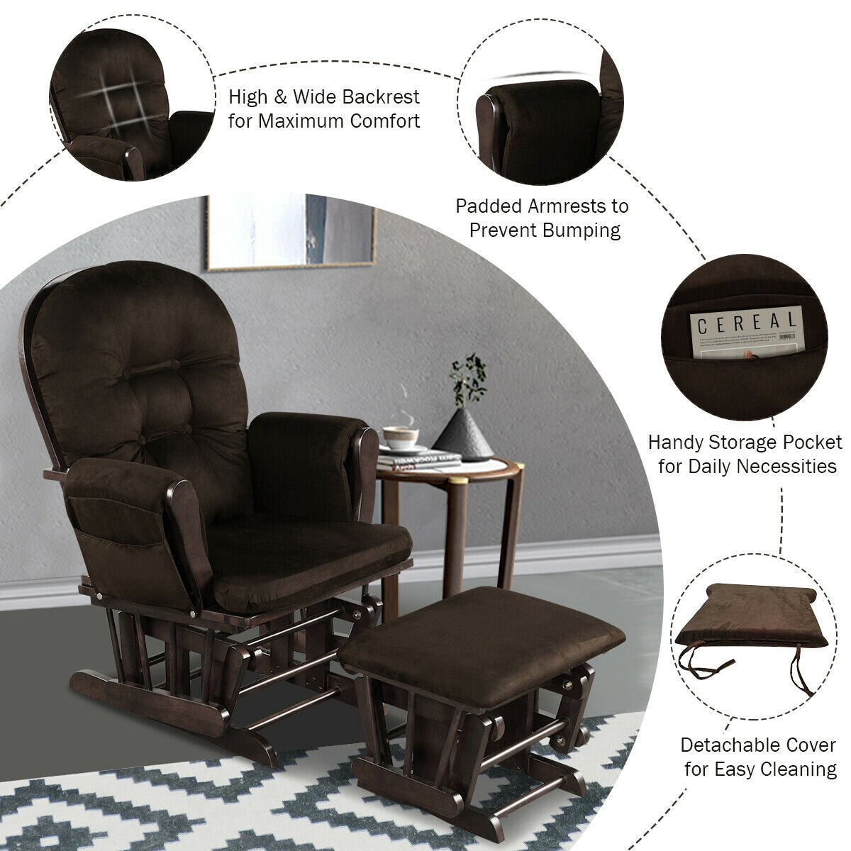 Wood Glider and Ottoman Set with Padded Armrests and Detachable Cushion-Brown Kids Crystal