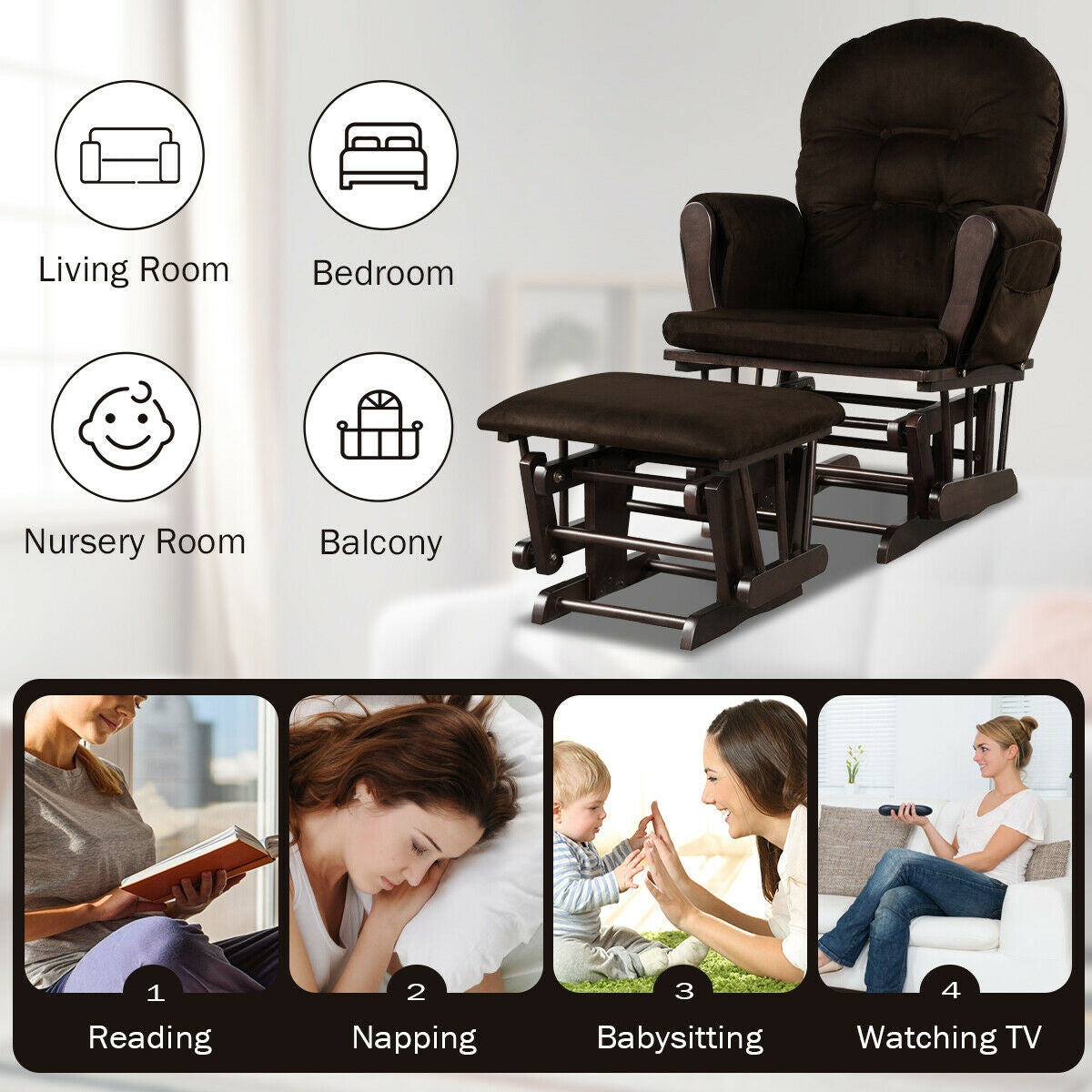 Wood Glider and Ottoman Set with Padded Armrests and Detachable Cushion-Brown Kids Crystal