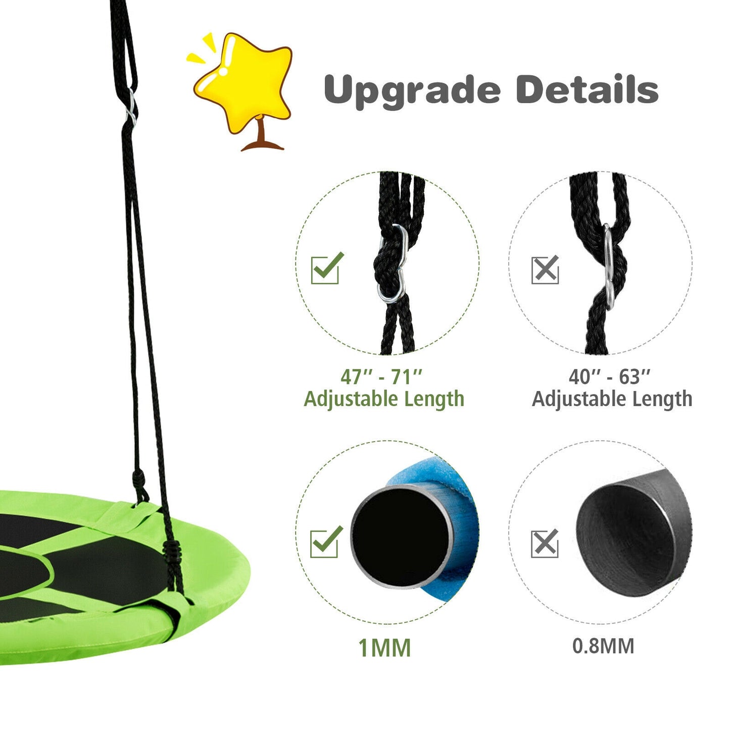 40 Inch 770 lbs Flying Saucer Tree Swing Kids Gift with 2 Tree Hanging Straps-Green Kids Crystal