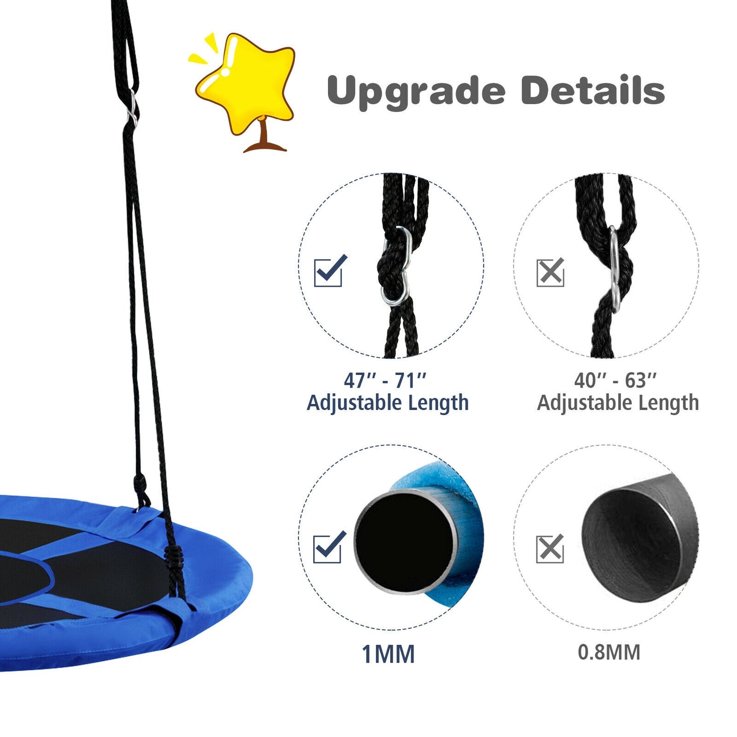 40 Inch 770 lbs Flying Saucer Tree Swing Kids Gift with 2 Tree Hanging Straps-Blue Kids Crystal