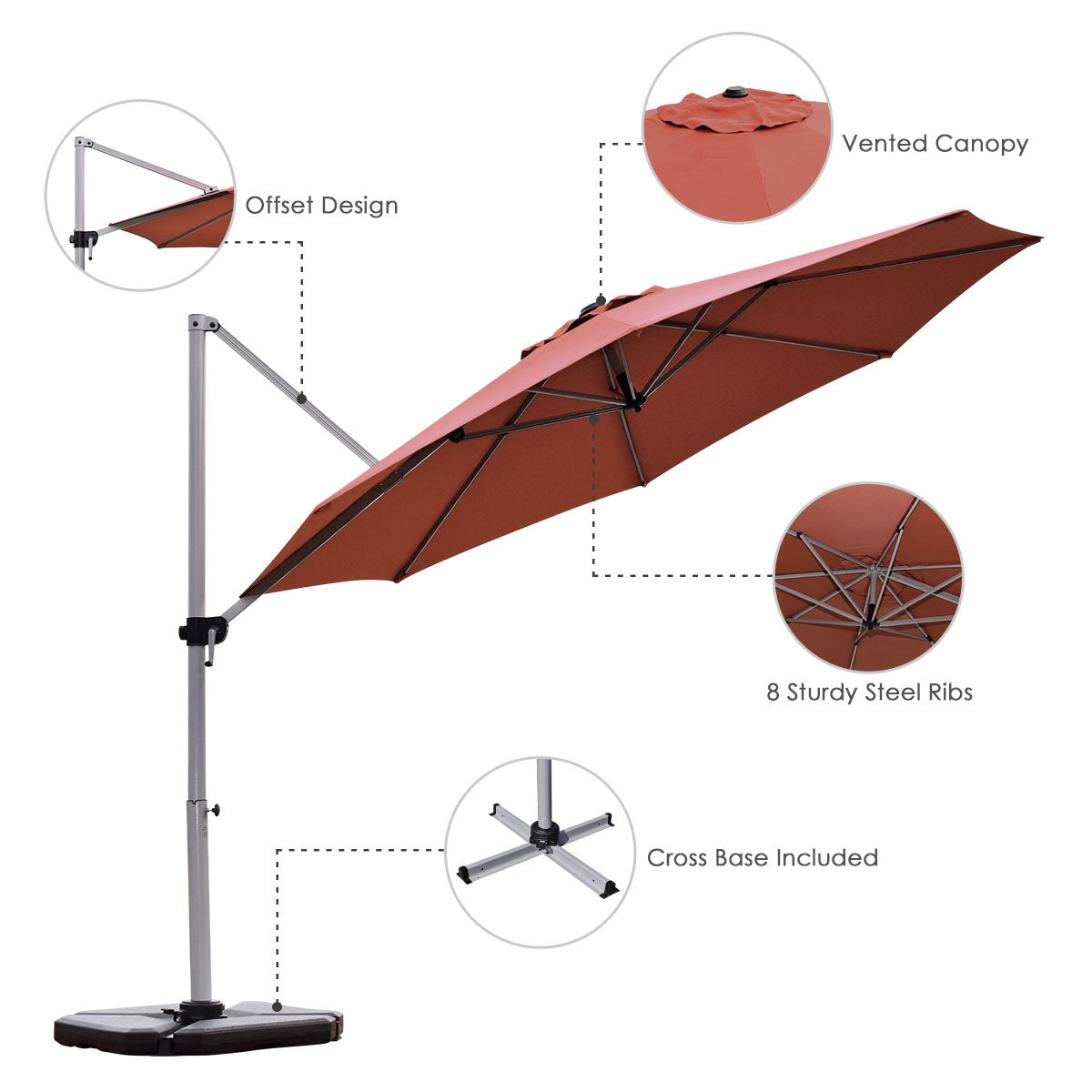 11 Feet Patio Offset Cantilever Umbrella 360° Rotation Aluminum Tilt-Brick Red Kids Crystal