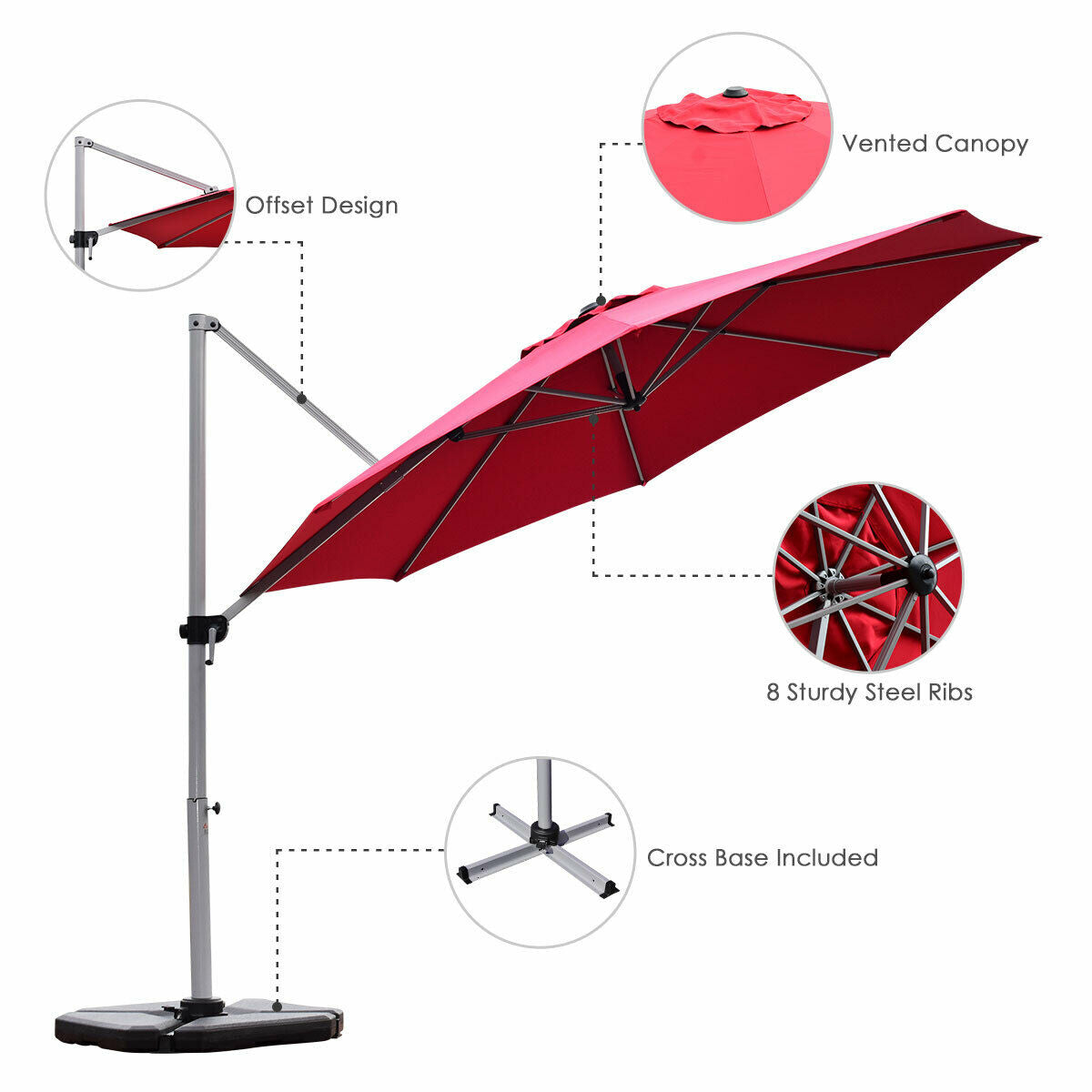 11 Feet Patio Offset Cantilever Umbrella 360° Rotation Aluminum Tilt-Red Kids Crystal