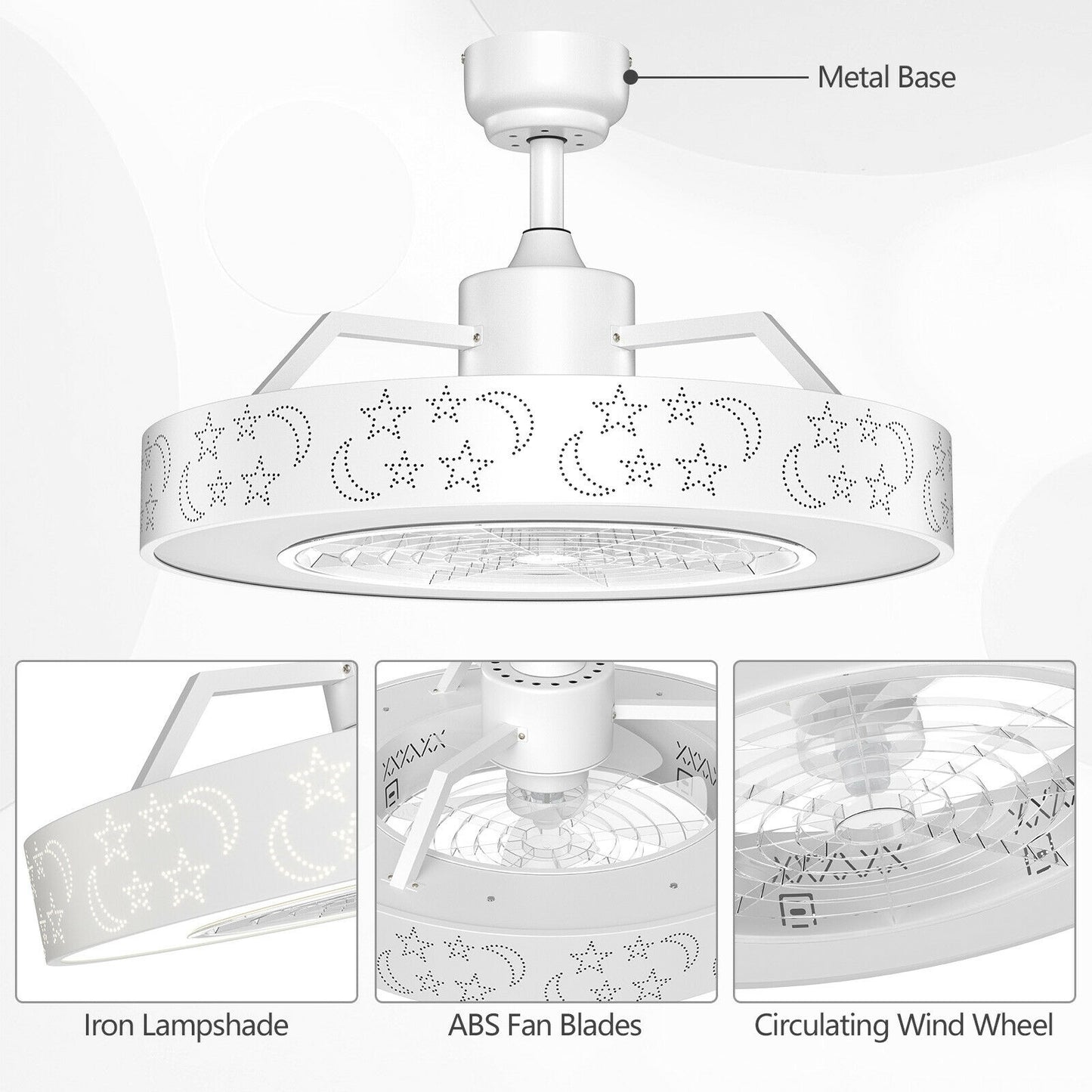 23 Inch Ceiling Fan with LED Light and Remote Control-White Kids Crystal