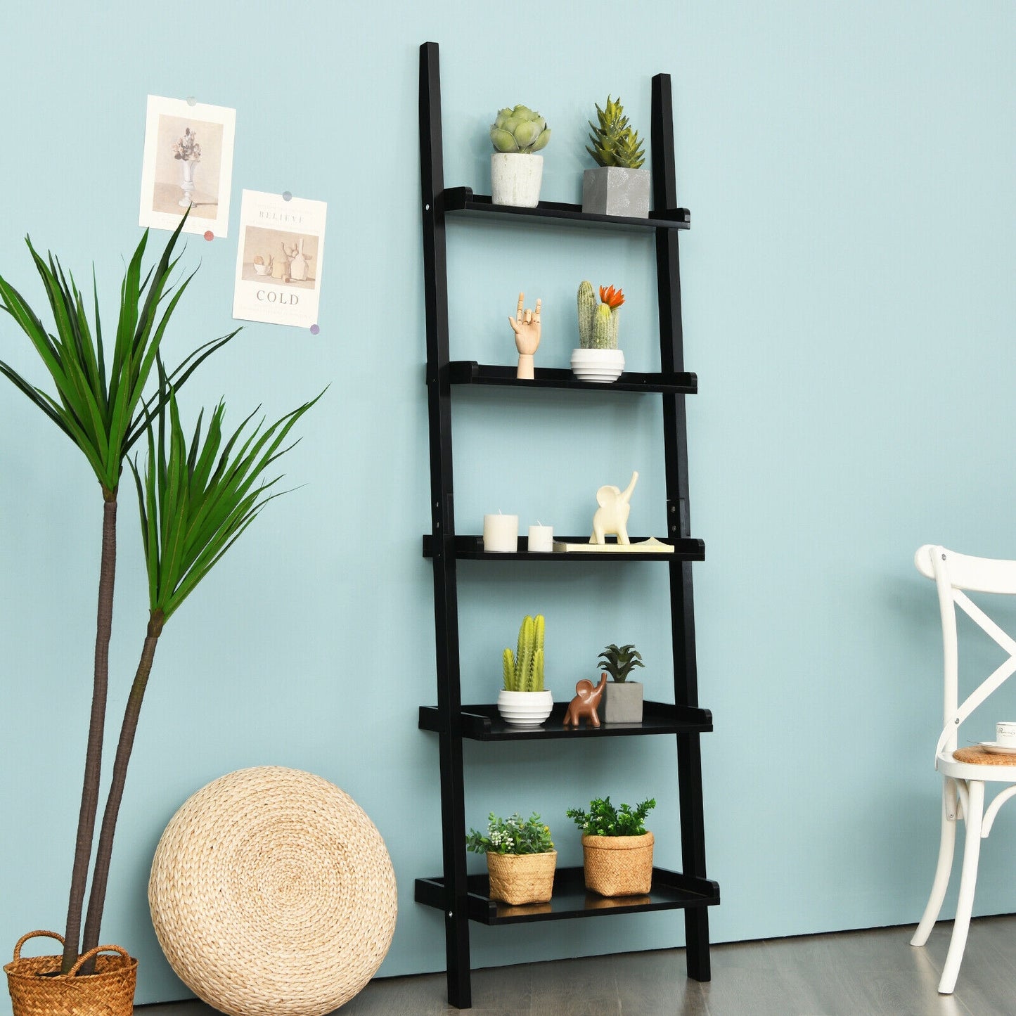 5-Tier Wall-leaning Ladder Shelf Display Rack for Plants and Books-Black Kids Crystal