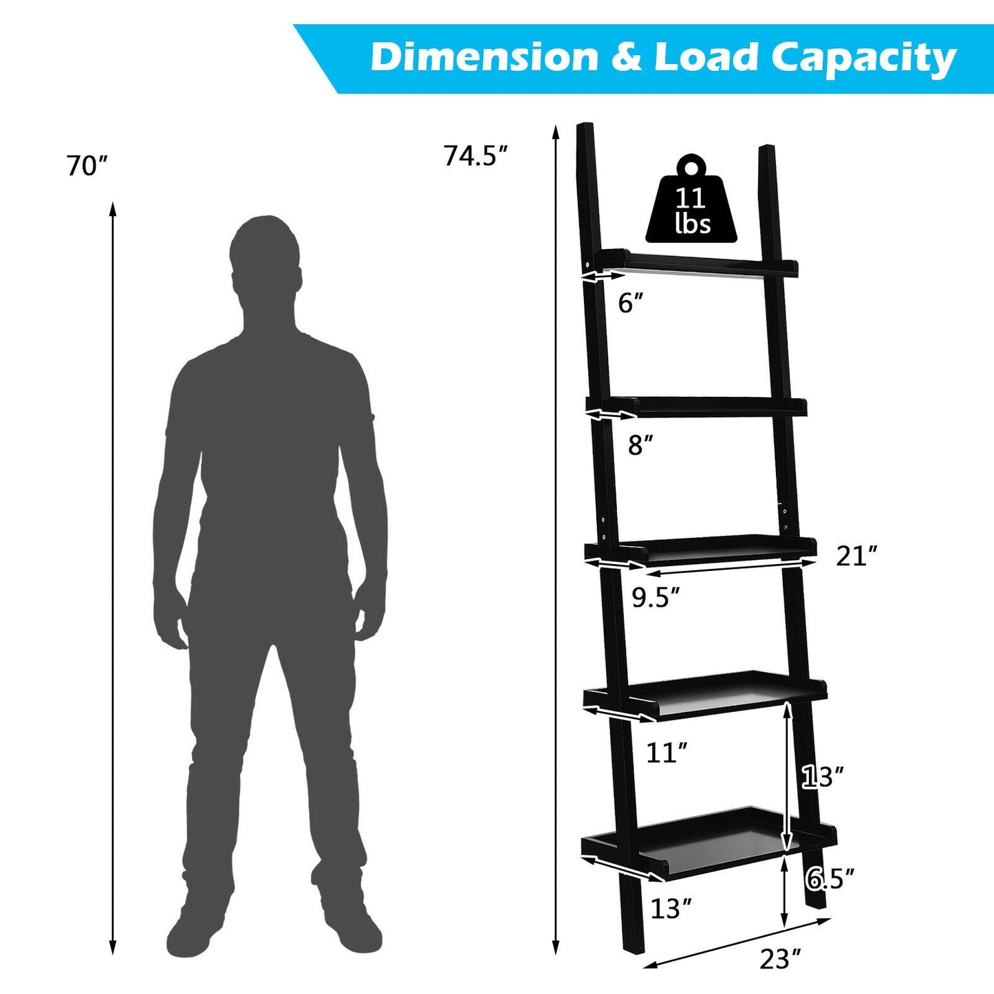 5-Tier Wall-leaning Ladder Shelf Display Rack for Plants and Books-Black Kids Crystal