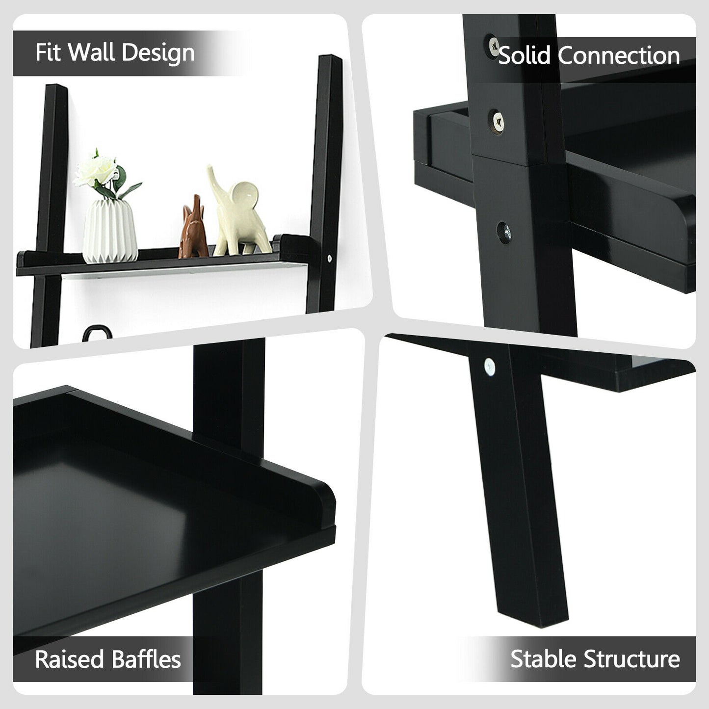 5-Tier Wall-leaning Ladder Shelf Display Rack for Plants and Books-Black Kids Crystal