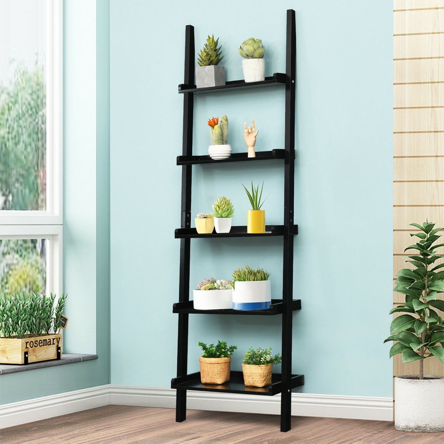5-Tier Wall-leaning Ladder Shelf Display Rack for Plants and Books-Black Kids Crystal