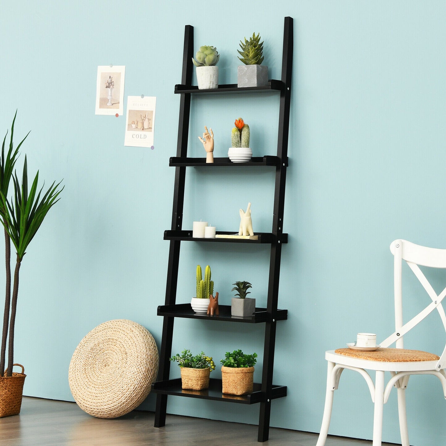 5-Tier Wall-leaning Ladder Shelf Display Rack for Plants and Books-Black Kids Crystal