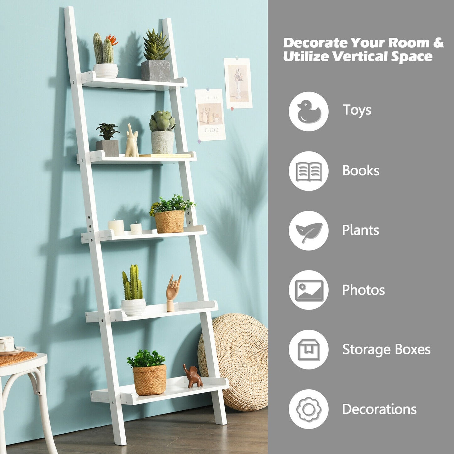 5-Tier Wall-leaning Ladder Shelf Display Rack for Plants and Books-White Kids Crystal
