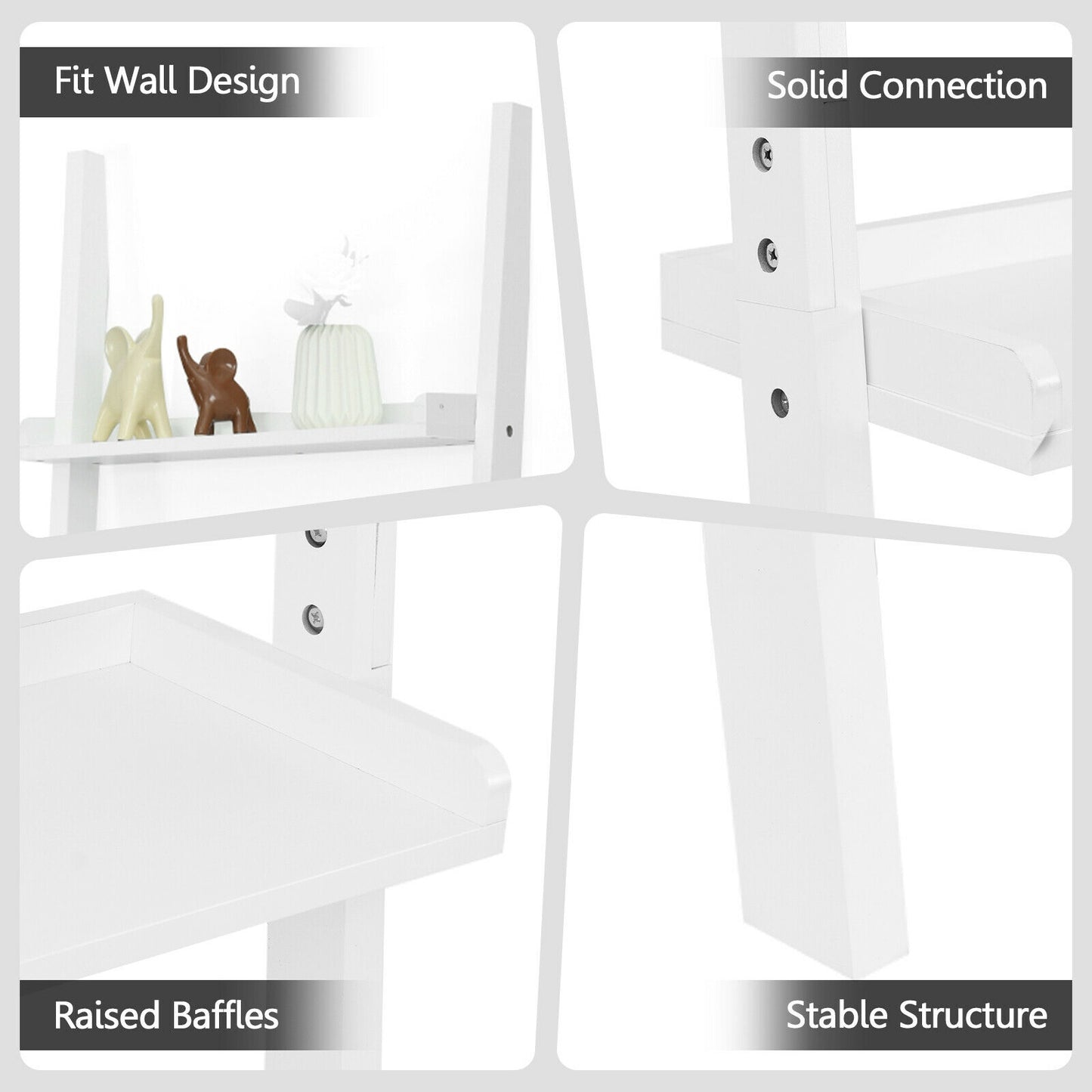 5-Tier Wall-leaning Ladder Shelf Display Rack for Plants and Books-White Kids Crystal
