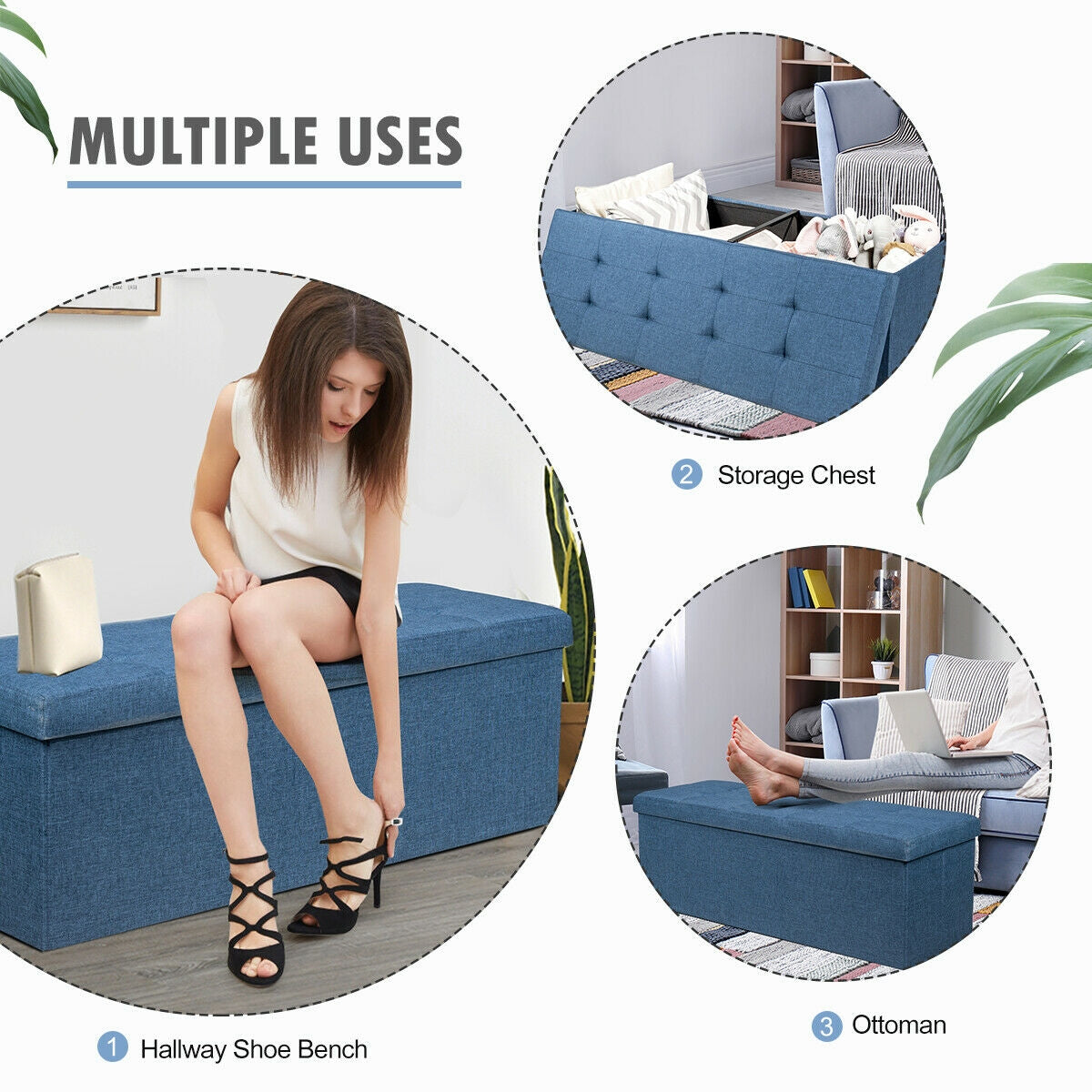 Large Fabric Folding Storage Chest with Smart lift Divider Bed End Ottoman Bench-Navy Kids Crystal