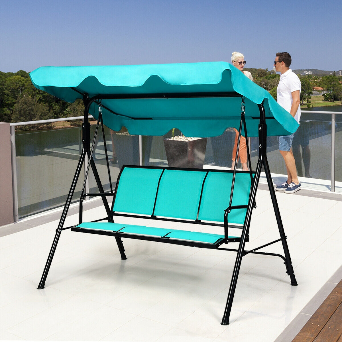 3 Person Patio Swing with Polyester Angle Adjustable Canopy and Steel Frame-Blue Kids Crystal