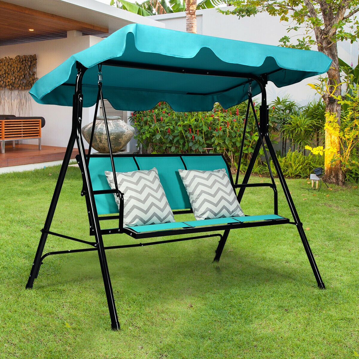 3 Person Patio Swing with Polyester Angle Adjustable Canopy and Steel Frame-Blue Kids Crystal