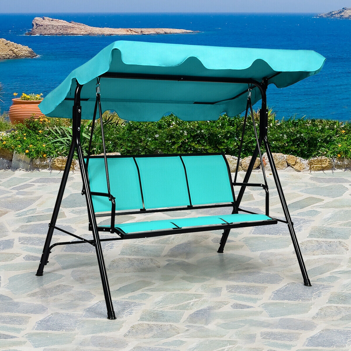 3 Person Patio Swing with Polyester Angle Adjustable Canopy and Steel Frame-Blue Kids Crystal