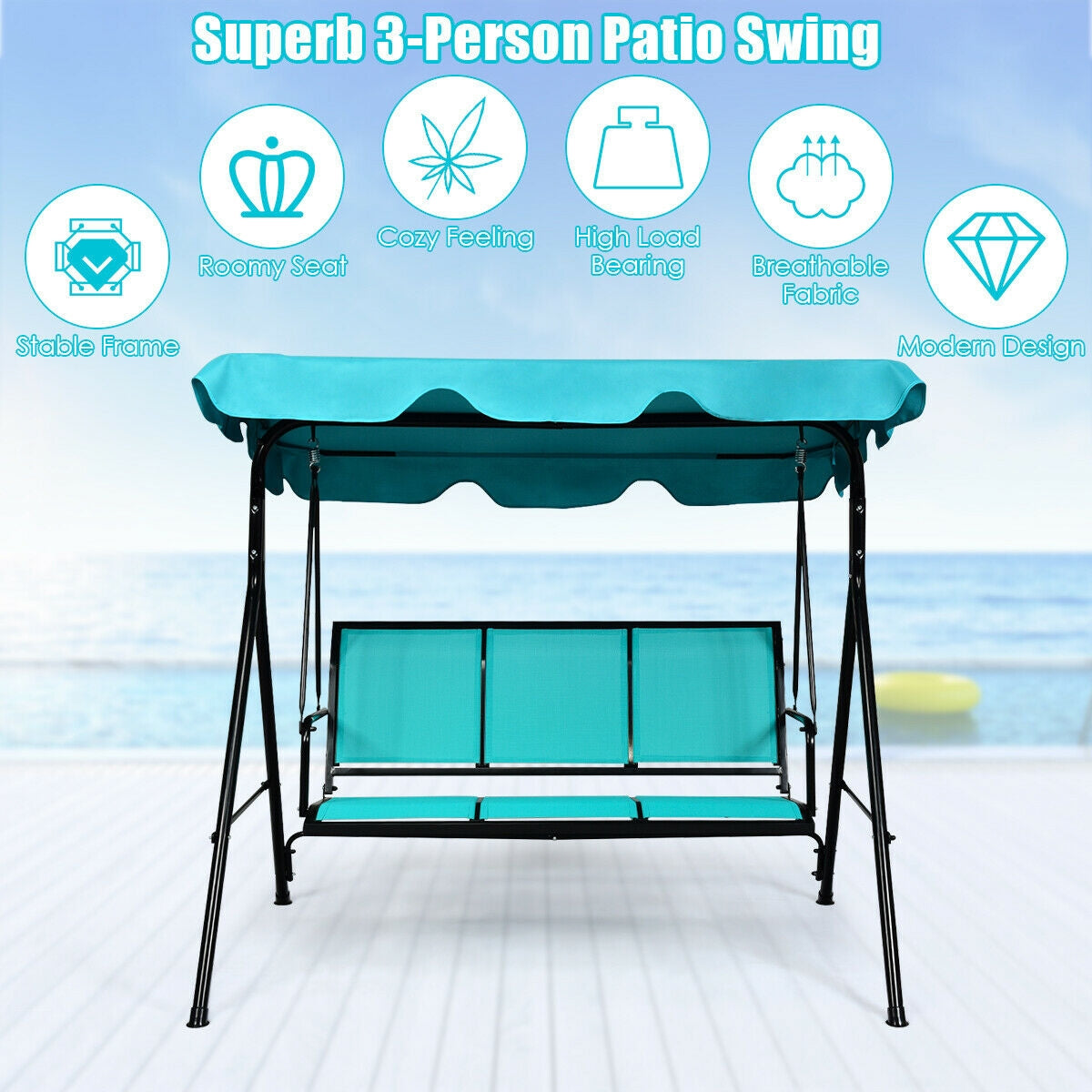 3 Person Patio Swing with Polyester Angle Adjustable Canopy and Steel Frame-Blue Kids Crystal
