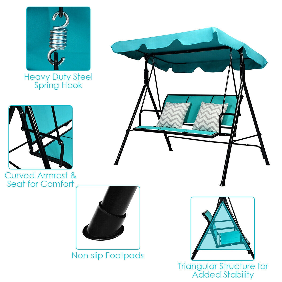 3 Person Patio Swing with Polyester Angle Adjustable Canopy and Steel Frame-Blue Kids Crystal
