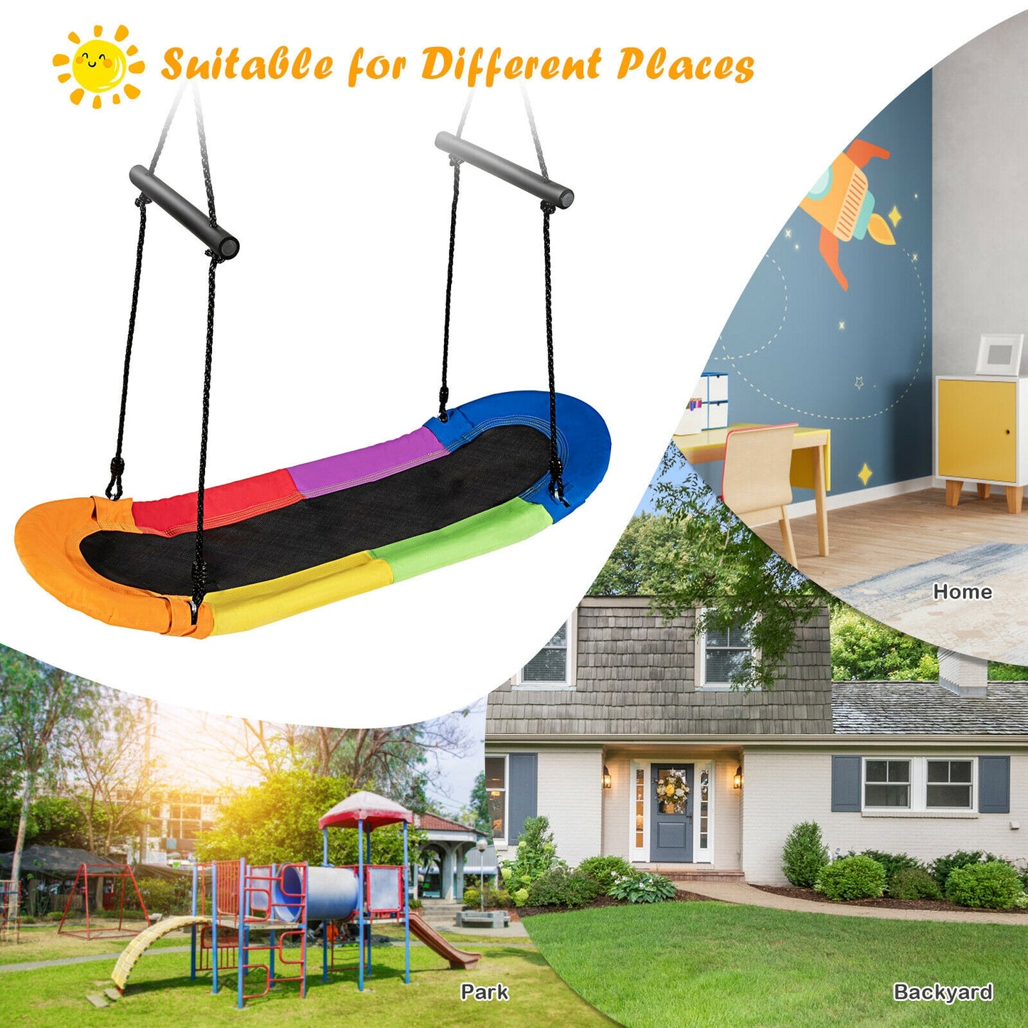 Saucer Tree Swing Surf Kids Outdoor Adjustable Oval Platform Set with Handle-Multicolor Kids Crystal