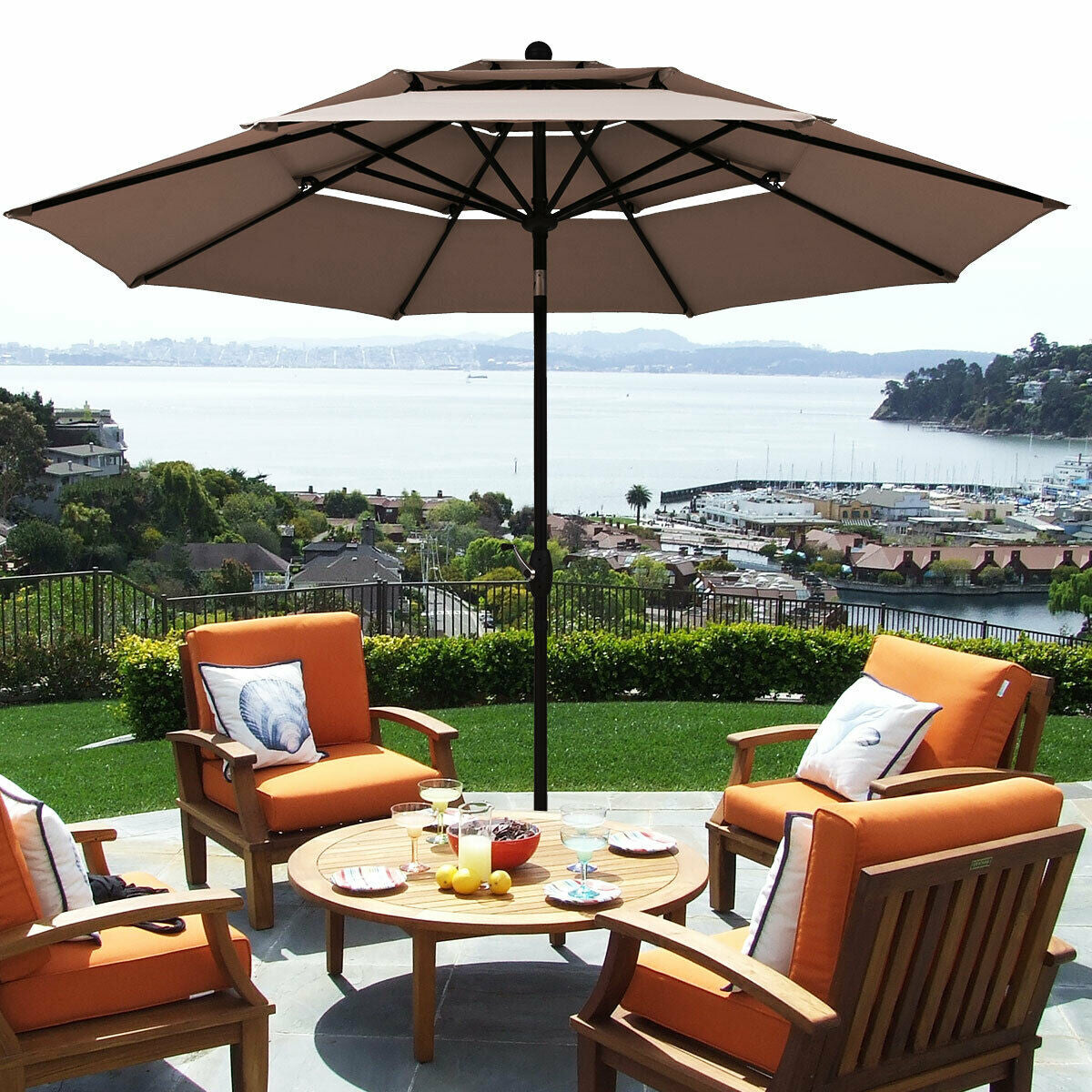 10ft 3 Tier Outdoor Patio Umbrella with Double Vented-Tan Kids Crystal