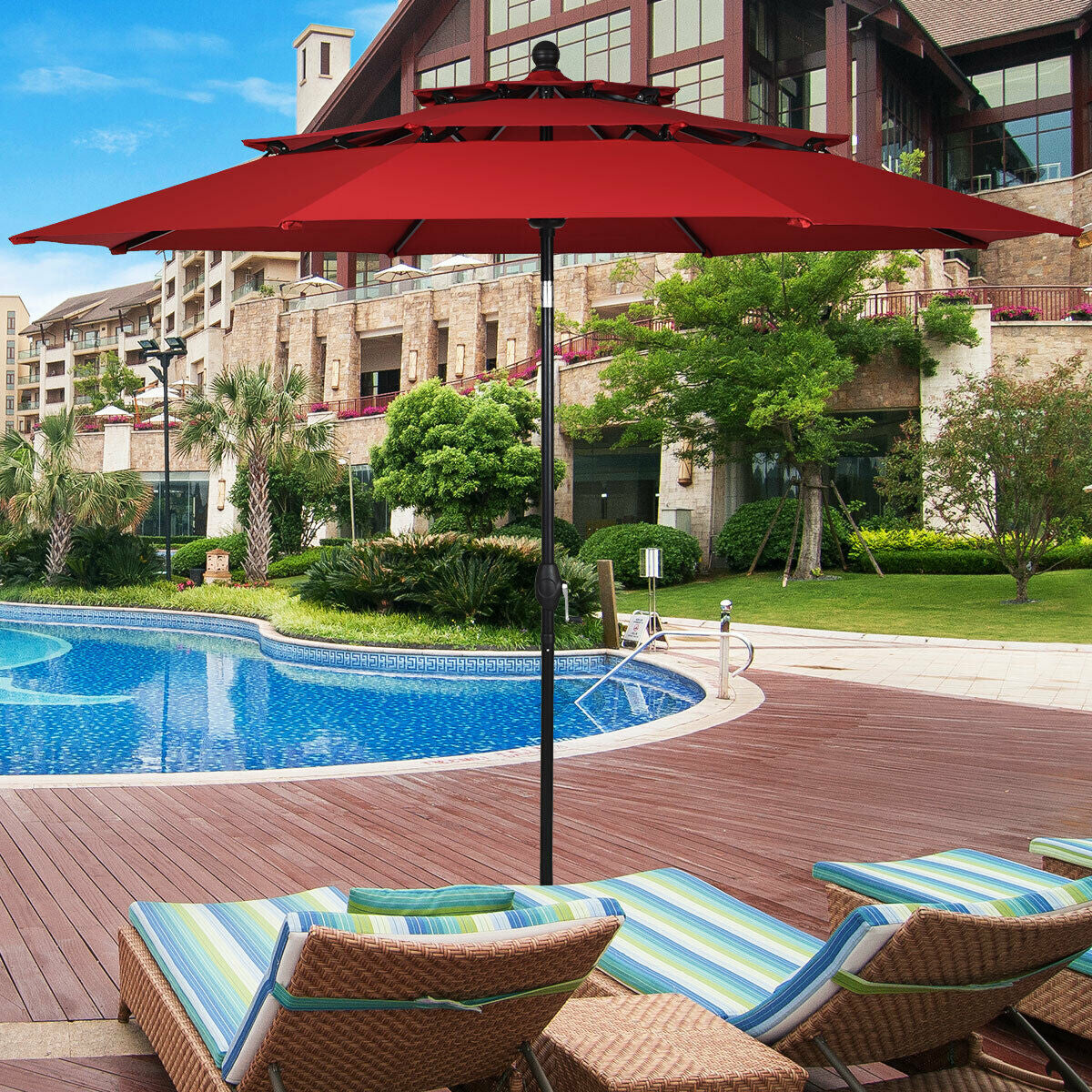 10ft 3 Tier Outdoor Patio Umbrella with Double Vented-Burgundy Kids Crystal