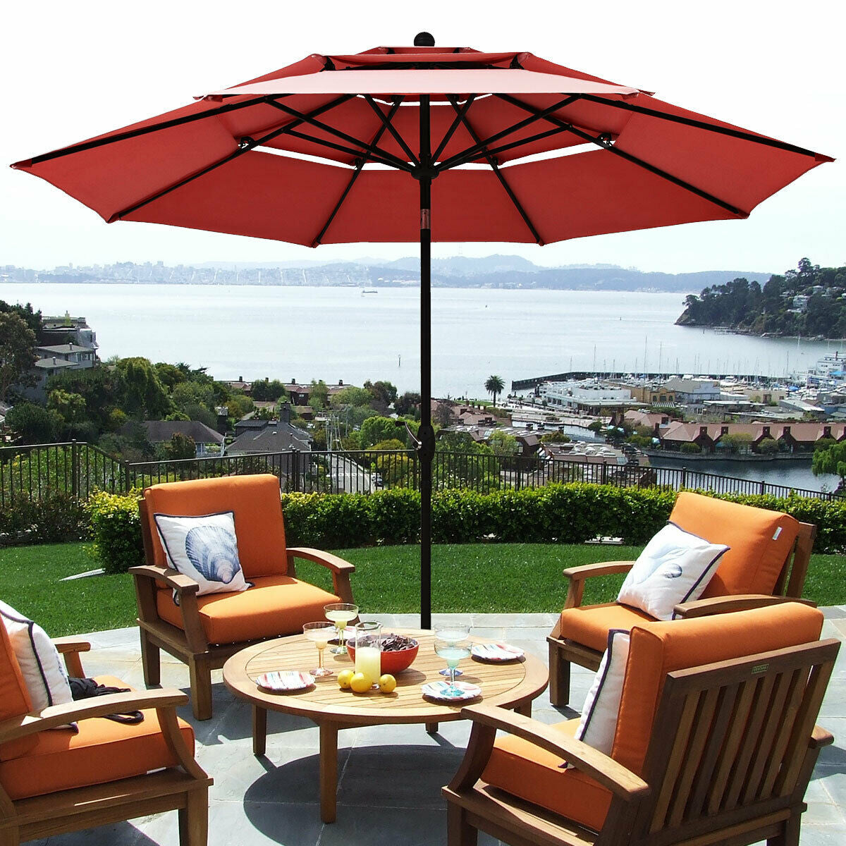 10ft 3 Tier Outdoor Patio Umbrella with Double Vented-Burgundy Kids Crystal