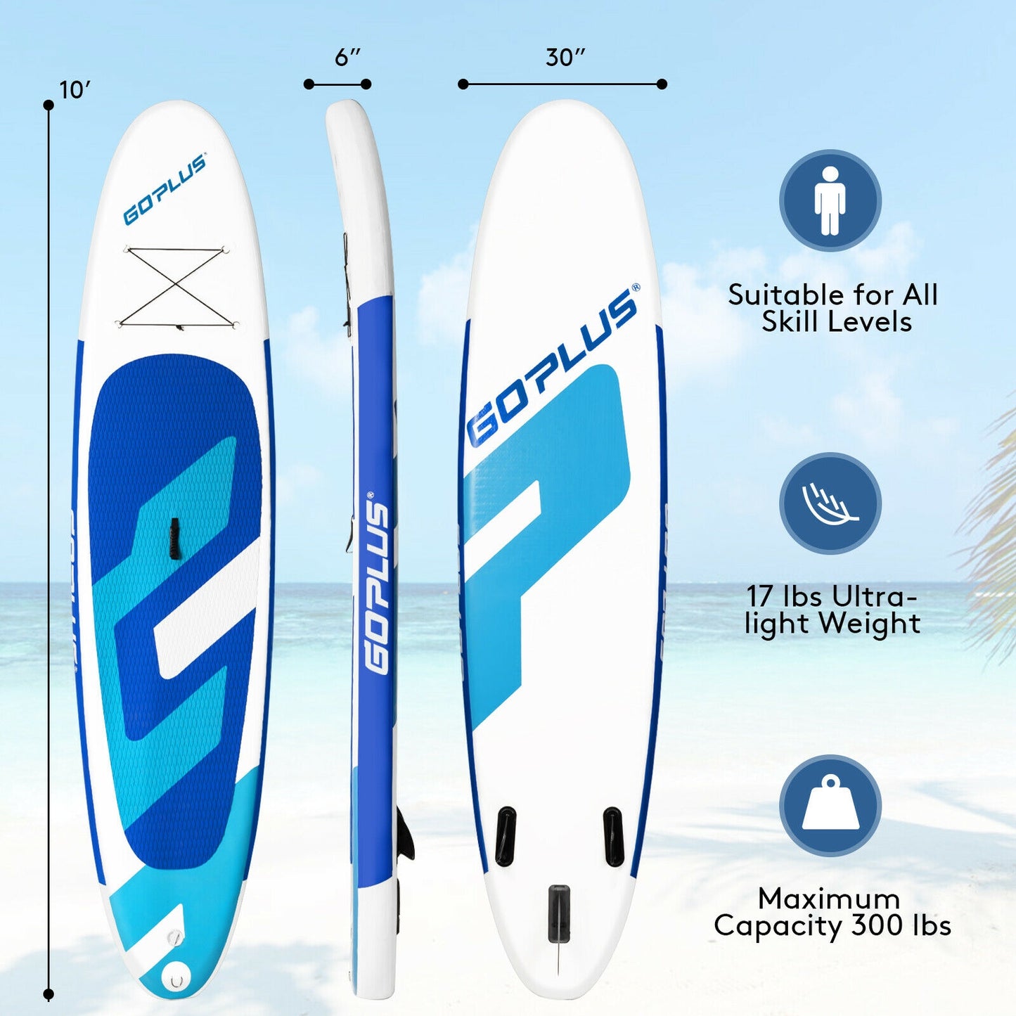 10 Feet Inflatable Stand Up Paddle Board 6 inch Thick with Backpack Leash Aluminum Paddle Kids Crystal