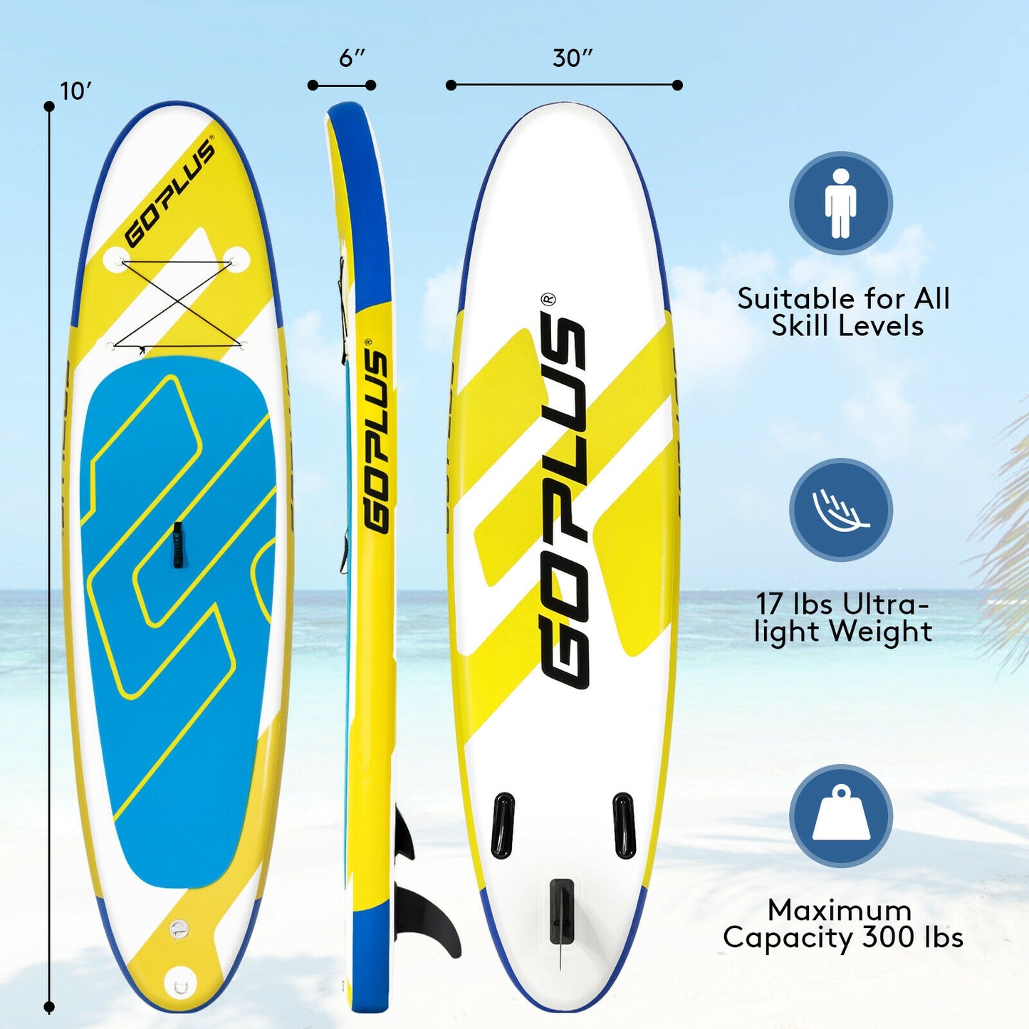 10 Feet Inflatable Stand Up Paddle Board with Backpack Leash and Aluminum Paddle Kids Crystal