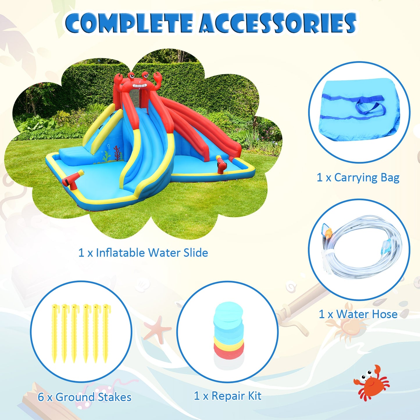Inflatable Water Slide Crab Dual Slide Bounce House without Blower Kids Crystal