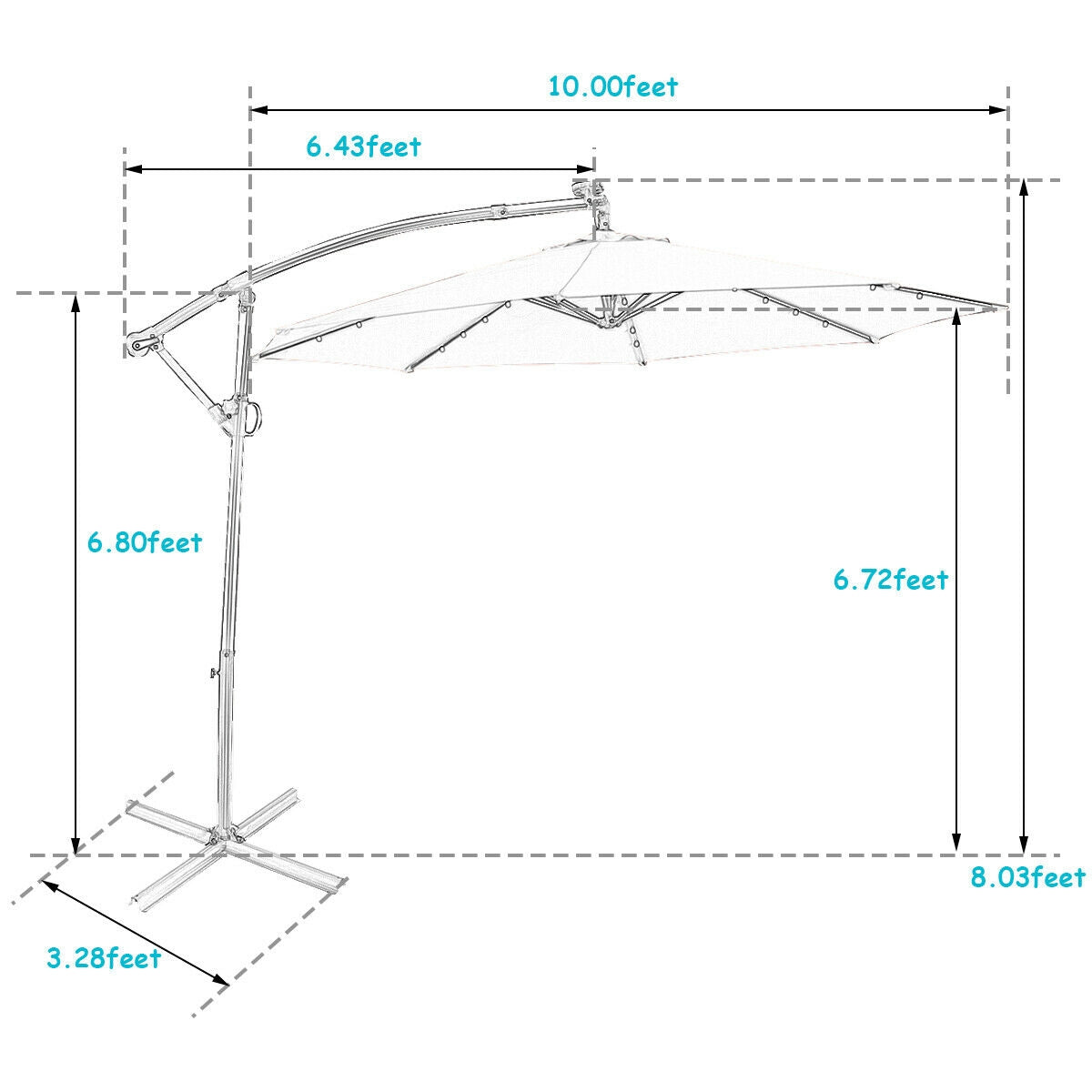 10 ft 360° Rotation Solar Powered LED Patio Offset Umbrella without Weight Base-Turquoise Kids Crystal