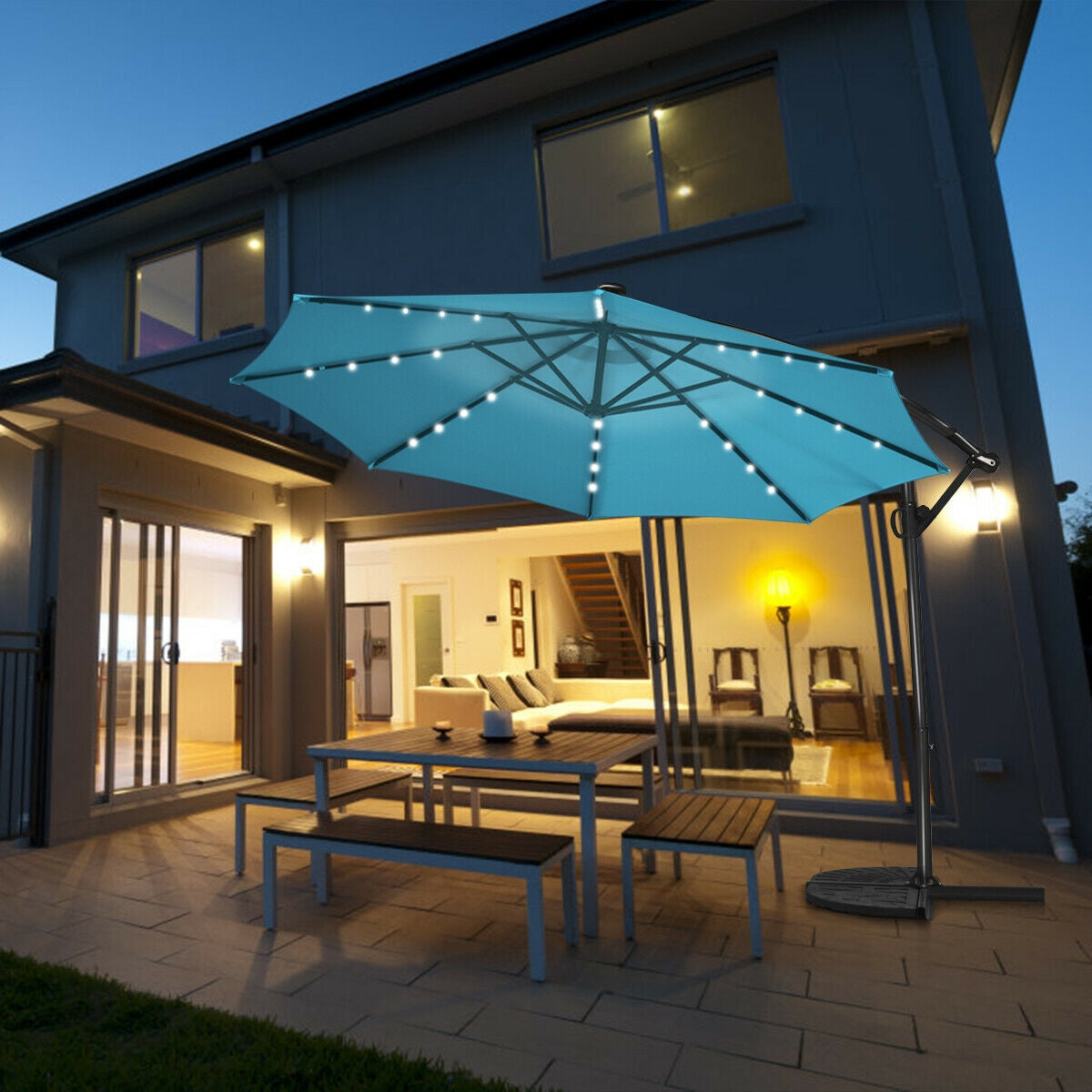 10 ft 360° Rotation Solar Powered LED Patio Offset Umbrella without Weight Base-Turquoise Kids Crystal