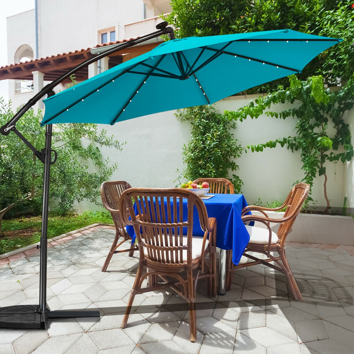 10 ft 360° Rotation Solar Powered LED Patio Offset Umbrella without Weight Base-Turquoise Kids Crystal