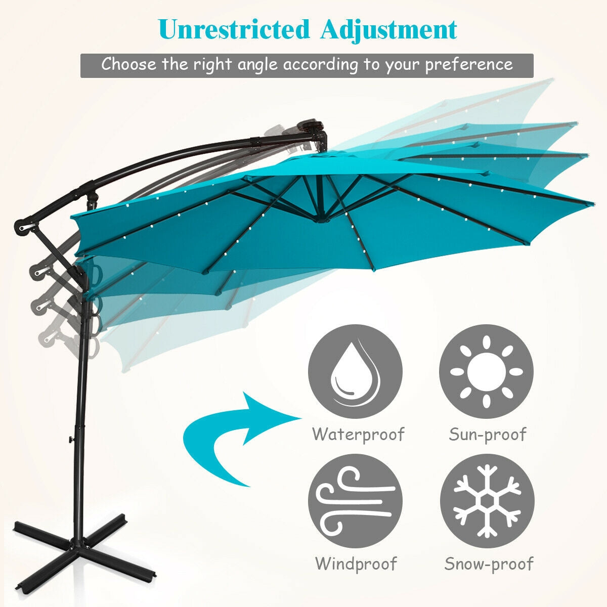 10 ft 360° Rotation Solar Powered LED Patio Offset Umbrella without Weight Base-Turquoise Kids Crystal