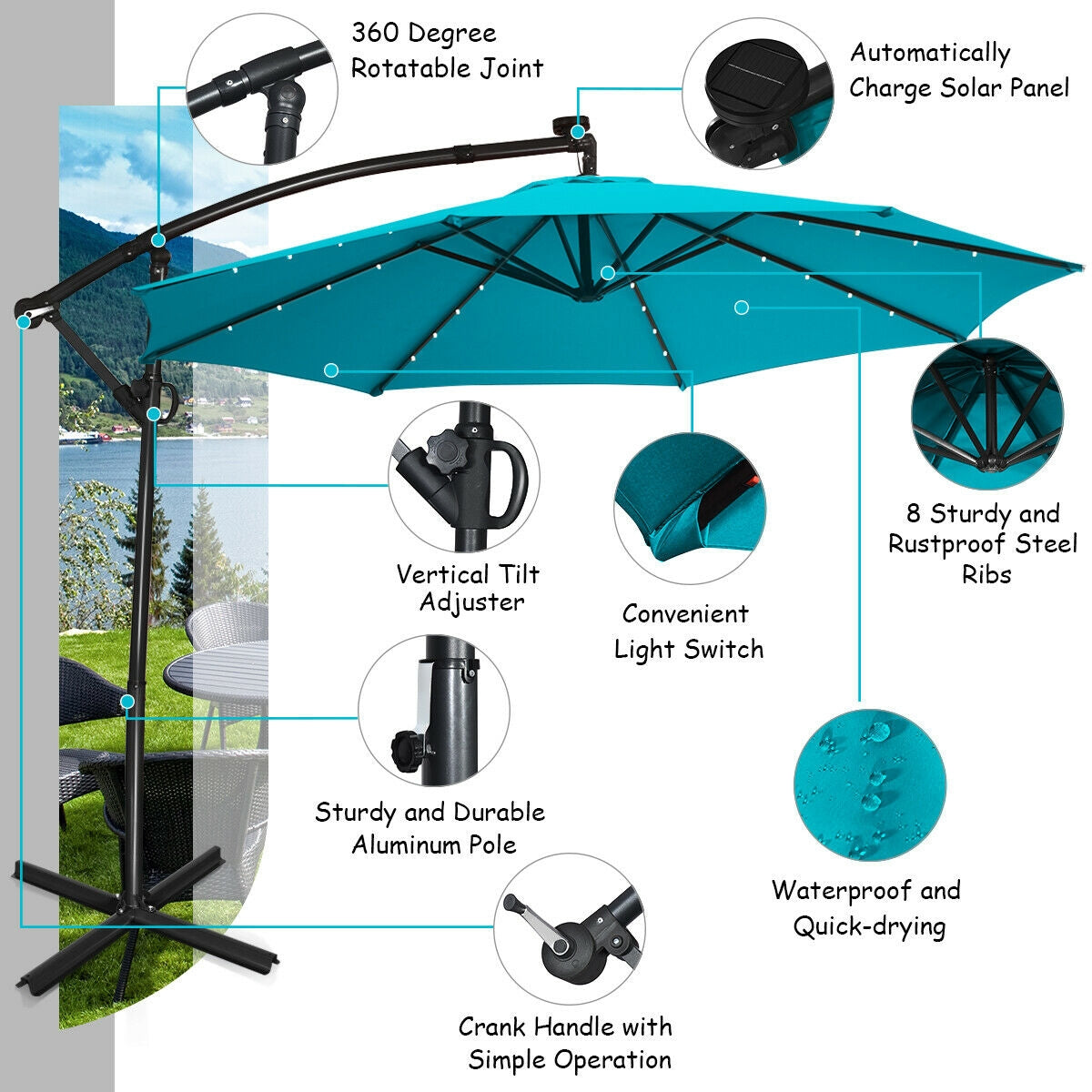 10 ft 360° Rotation Solar Powered LED Patio Offset Umbrella without Weight Base-Turquoise Kids Crystal