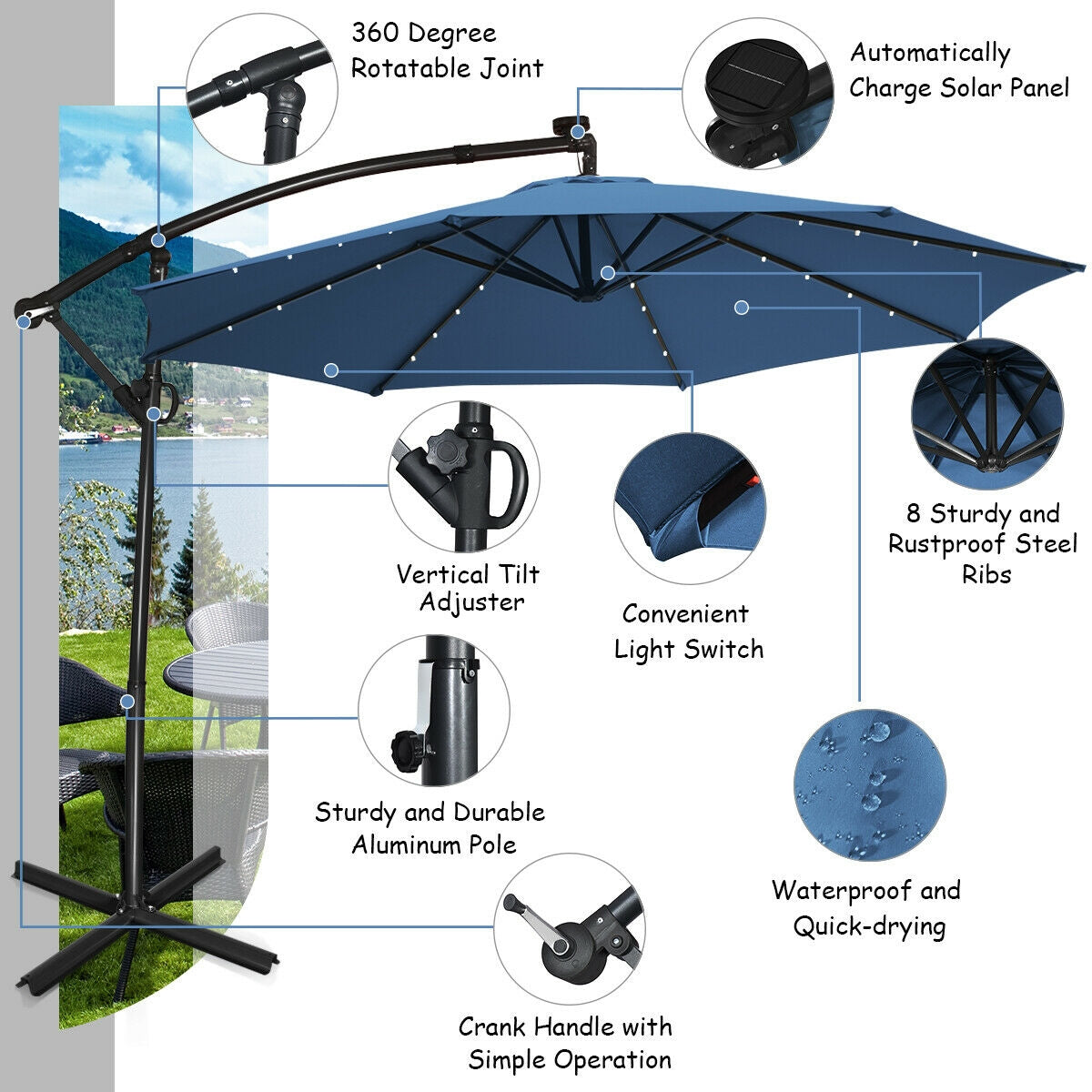 10 ft 360° Rotation Solar Powered LED Patio Offset Umbrella without Weight Base-Blue Kids Crystal